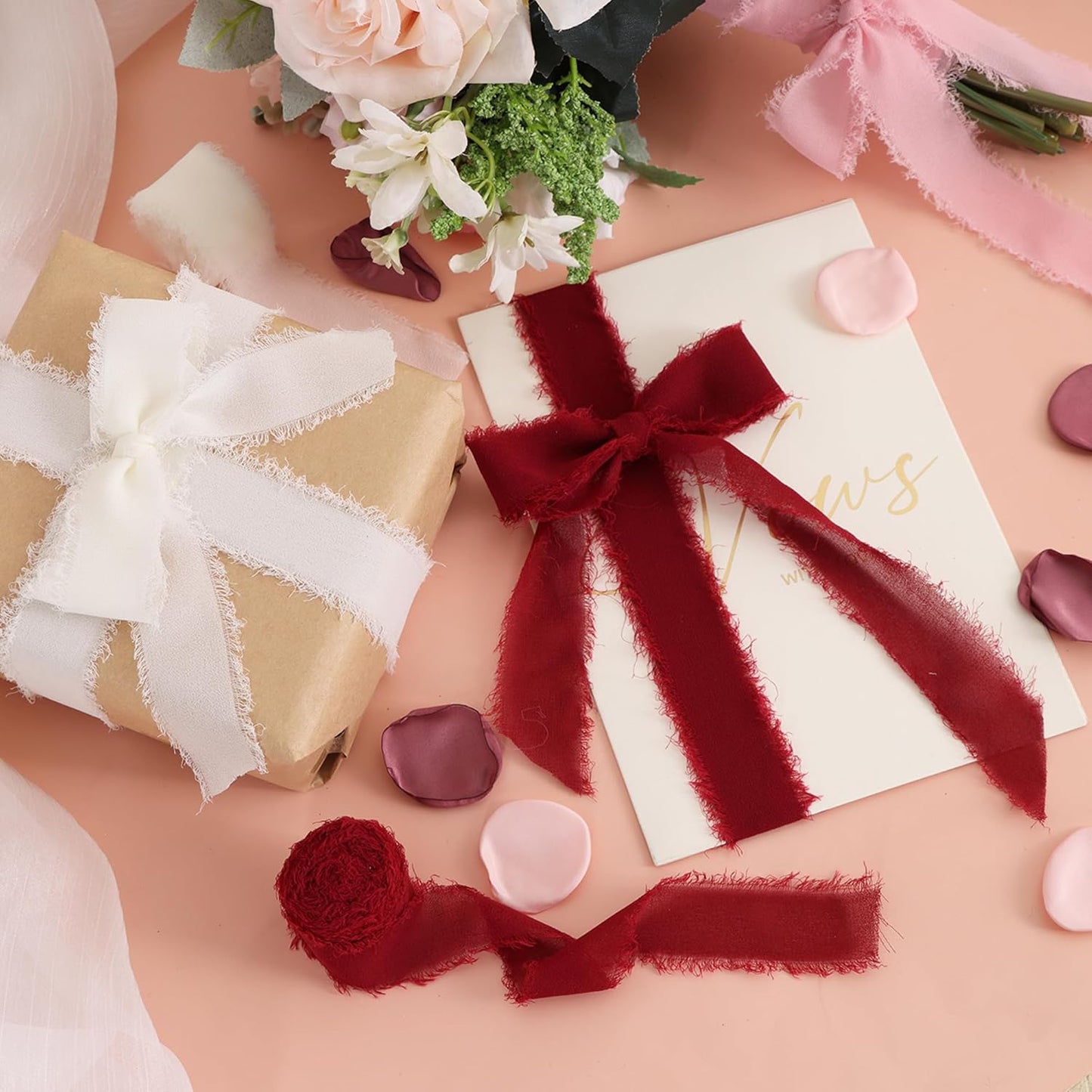 TONIFUL 4 Rolls Silk Chiffon Ribbon, 1-1/2 Inch x 22yds, Gold Chiffon Ribbons Set, Handmade Fringe Silk Ribbon for Gift Wrapping Bridal Bouquets Wedding Invitations Decoration Crafts