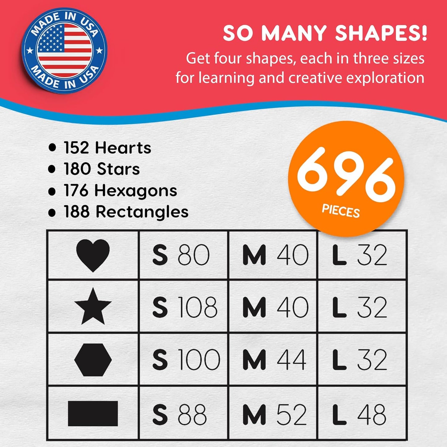 Basic Shapes 2: Hearts, Stars, Hexagons, Rectangles, 696 Pieces US Made Card Stock Punch Out Geometric Shapes in 3 Sizes and 4 Primary Colors for Math, Pattern Play and DIY Crafting