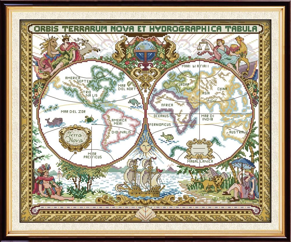 Stitchmelody 14CT Counted Cross Stitch Kits,Unrinted Pattern Embroidery Set-Ancient World Map 20''×16.5''