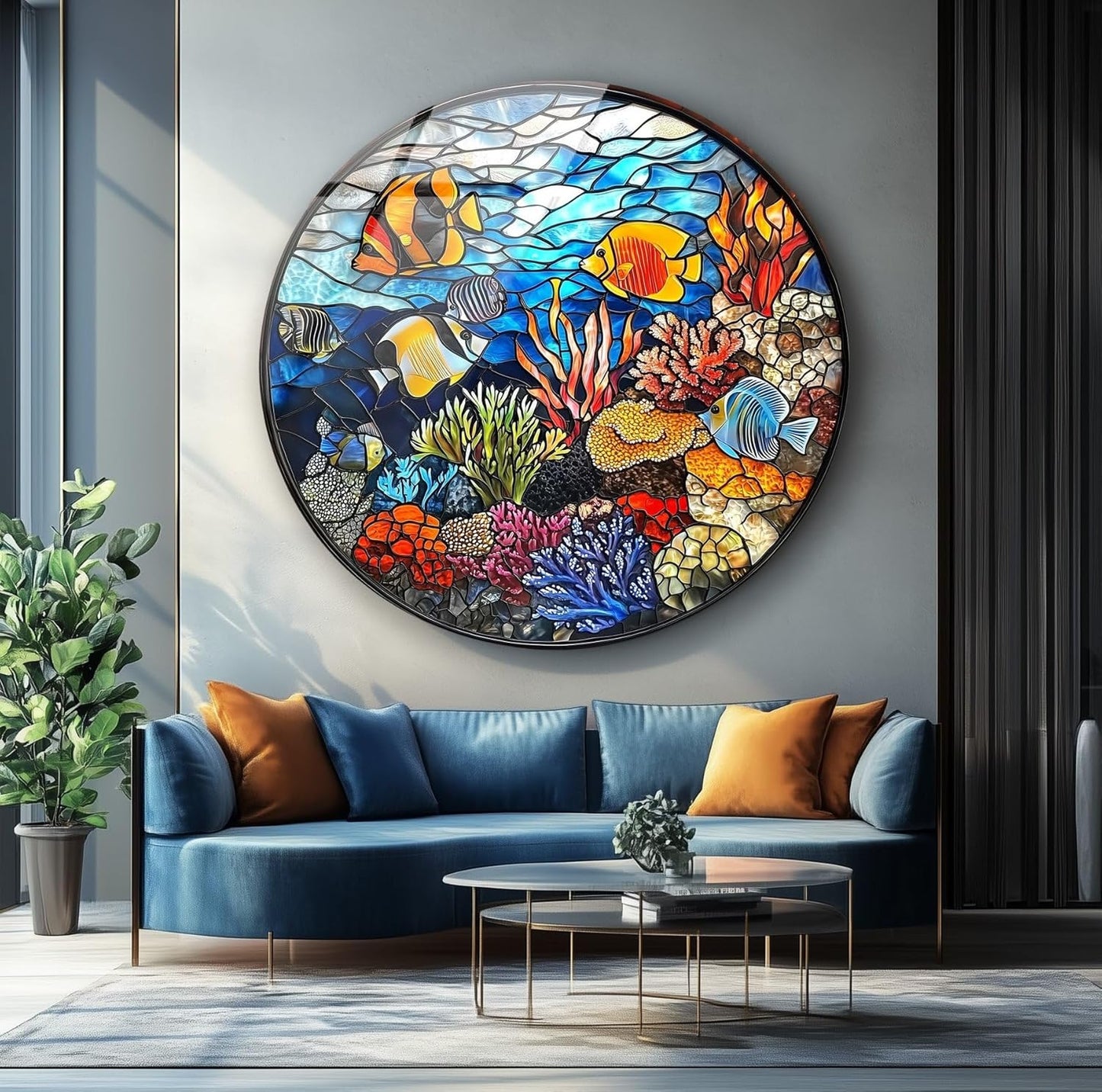 My Photostation.com 10''(25cm) Diameter Coral Reef Mosaic Round Glass Wall Art Tempered Glass Printing Wall Decor Large Wall Art Wall Hangings
