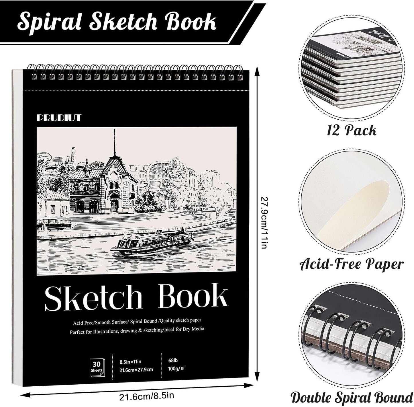 12 Pack Sketch Book, 8.5 x 11Inch Sketchbook, 68lb/100gsm Top Spiral Bound Sketch Pad, Acid Free Art Supplies Drawing Painting Sketching Paper for Teens Adults Artists (30 Sheets Each)