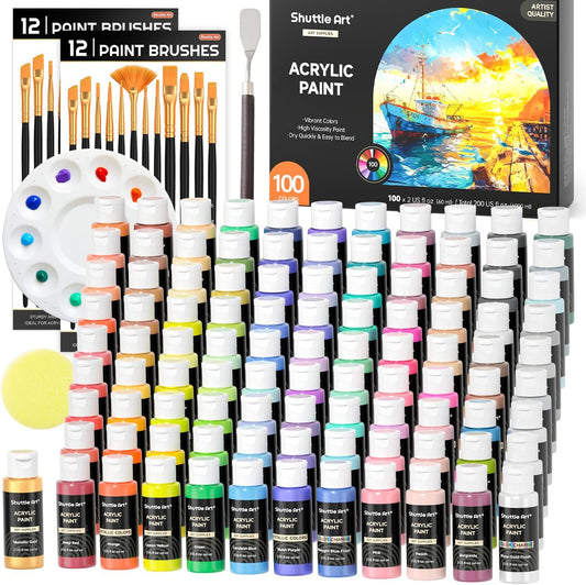 Shuttle Art 100 Colors Acrylic Paint, 2oz/60ml Bottles, Include 2 Sets of 12 Paint Brushes, 1 Art Sponge & Palette, Premium for Artists, Beginners & Kids on Canvas Rocks Wood Ceramic