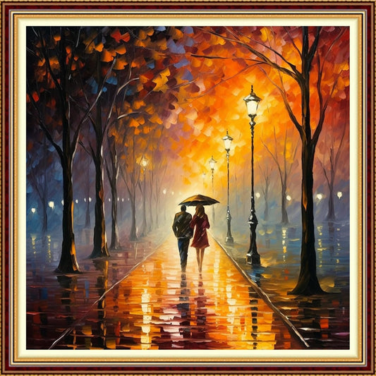 Funchey Stamped Cross Stitch Kits, DIY Cross Stitch Pattern for Adults Beginners Needlepoint Kits Embroidery Kit Arts and Crafts 11CT-Strolling on a Rainy Night 18x18 inch