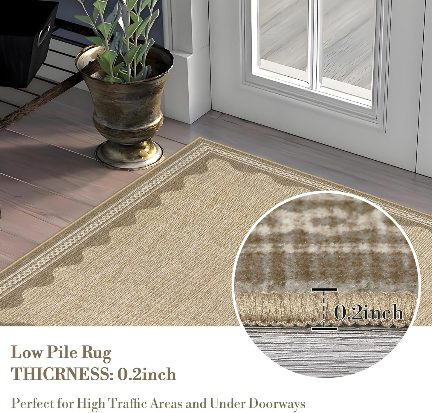 Scalloped Washable Area Rug, 6' x 9' Rectangular, Beige, Non Slip, Machine Washable, Indoor, Low Pile, Polyester, Solid, Tufted, Foldable, Stain Resistant, Shed Resistant