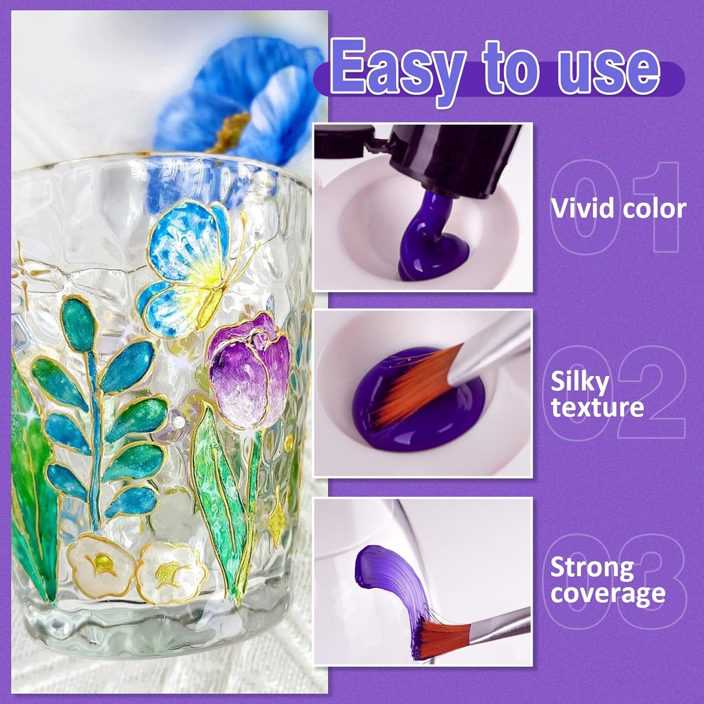 Colorful Stain Glass Paint Set with 6 Brushes, 1 Palette & 1 Sponge, 26 Colors Waterproof Permanent Glass Painting Kit for Arts on Wine Glasses,Bottle and Windows