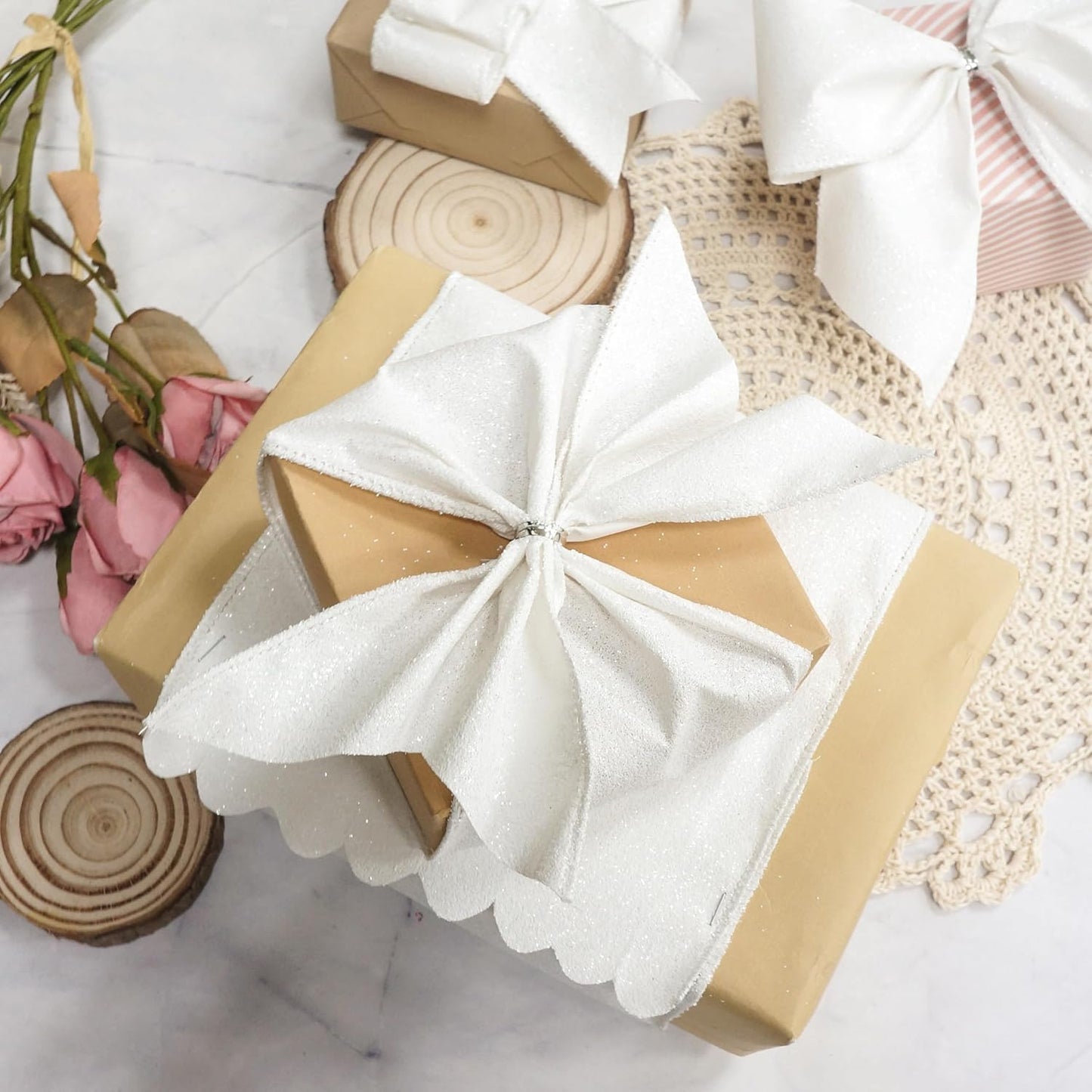 CT CRAFT LLC Glitter Wired Ribbon 4" x 10 Yards White for Christmas Home Decor Bow Gift Wrapping DIY Crafts Wreath