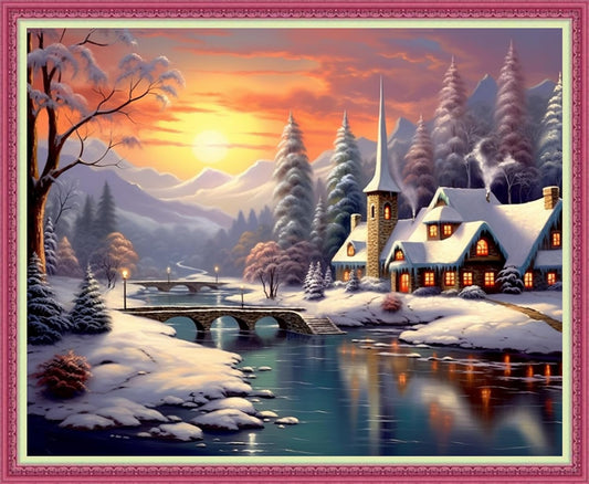 Disnesart Cross Stitch Stamped Full Embroidery Kits DIY 11CT Cotton Thread Printed DIY Needlepoint Kits Craft Needlework Set Cross-Stitch Stamped Sets-Winter Snow Scenery 16x20 inch