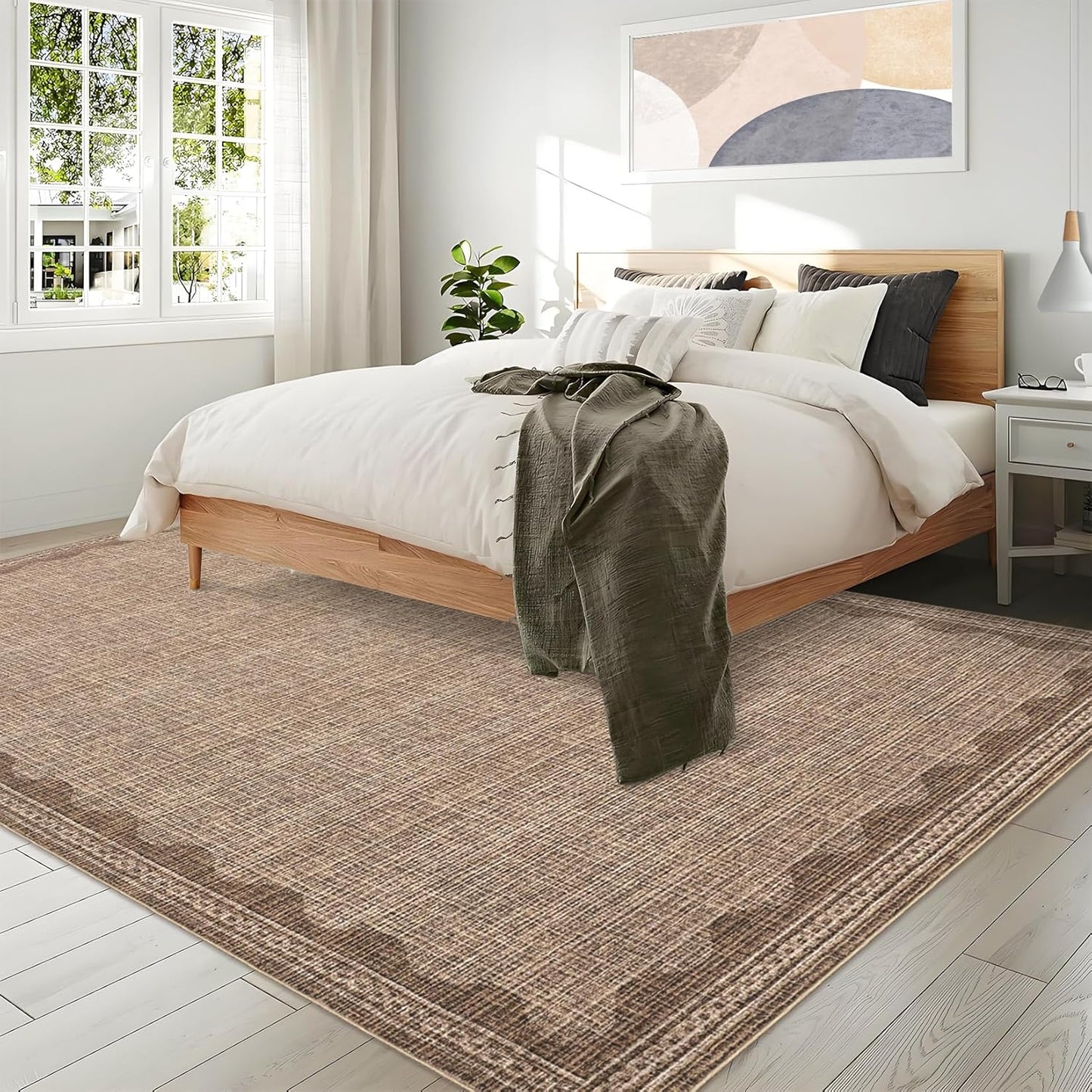 Scalloped Washable Rug 9x12 Area Rugs for Living Room, Solid Tan Rug for Bedroom Girls, Non Slip Throw Mat with Rubber Back, Soft Dorm Nursery 9x12 Carpet for Dining Room