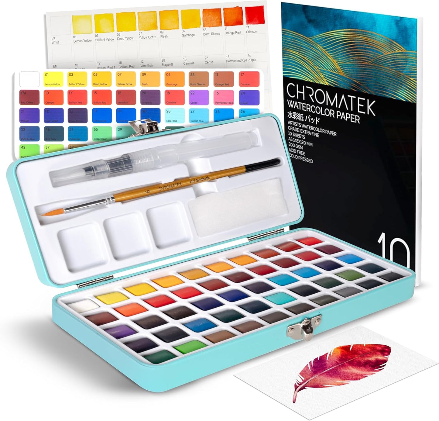 CHROMATEK Watercolor Paint Set – 50 Vivid Colors Including Transparent, Opaque & Pastel – Art Kit with Brush, Water Pen, Palette, Color Chart, Swatch Sheets, Pad & Metal Travel Case