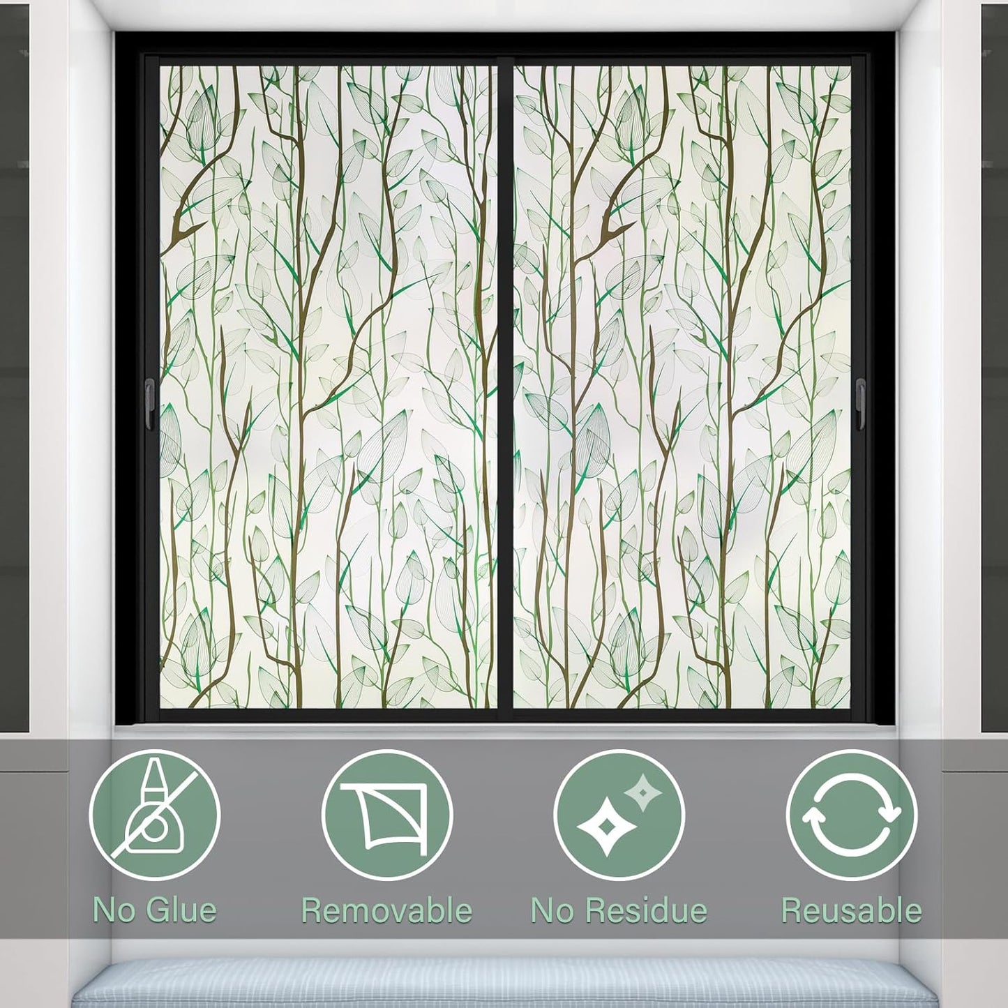 Donox Frosted Glass Window Film Heat Control UV Blocking, Static Cling Reusable Home Bathroom Door Window Privacy Film, Green Leaf Pattern Window Covering with Installation Tool, 35.4 in x 13.1 feet