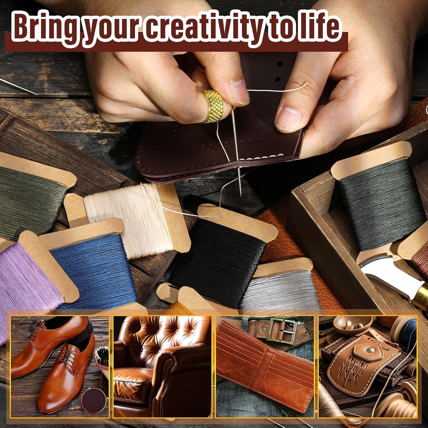Upholstery Repair Kit, 0.55mm 98 Yard (3 Colors) Waxed Thread with 8 Pcs Heavy Duty Leather Needles for Hand Stitching, Canvas & Quilting - Round Waxed Thread- Black/Gray/Brown