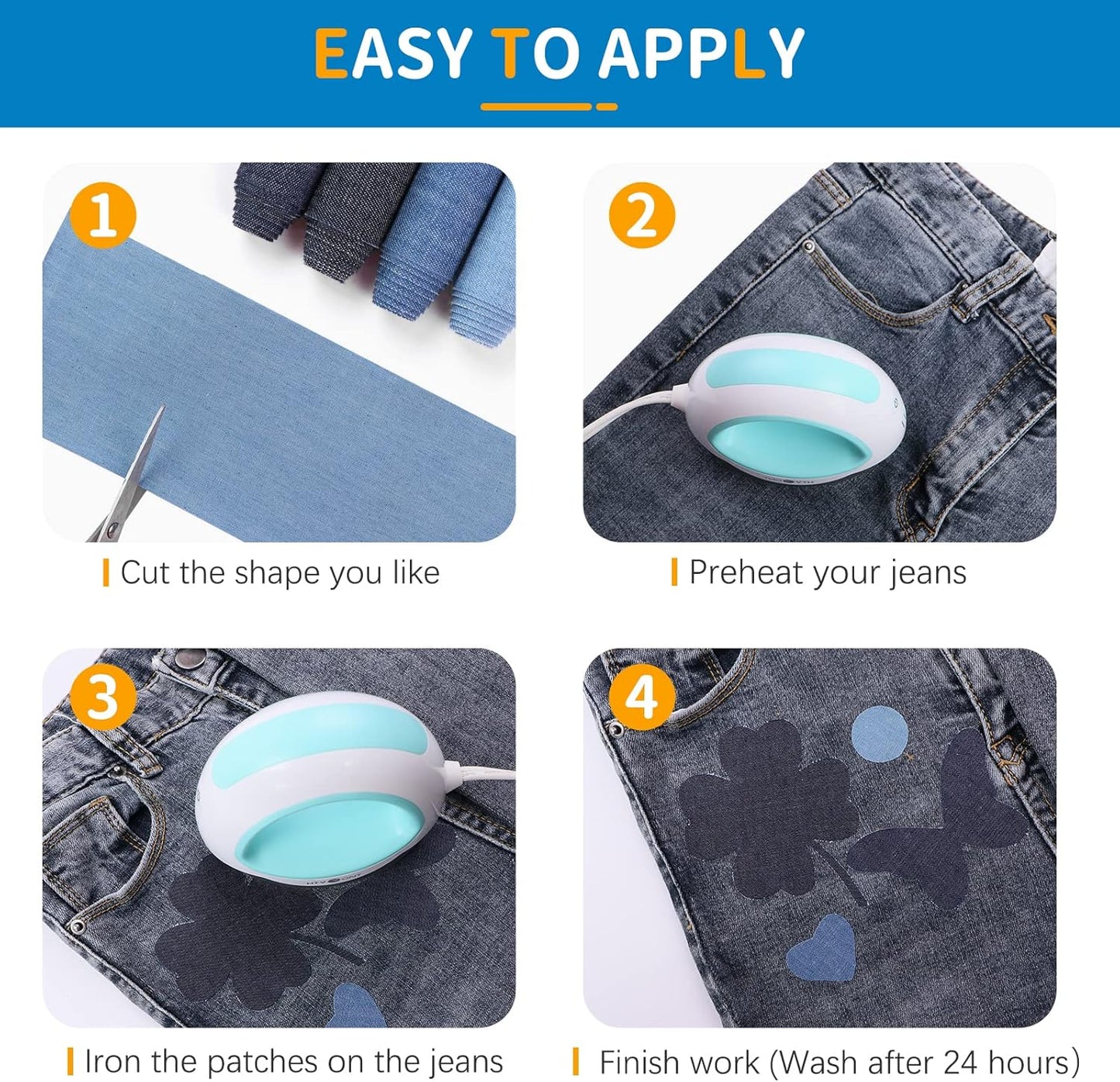 HTVRONT Iron on Patches for Clothing Repair 4 Rolls - Denim Patches for Jeans Kit 4" by 20", 4 Rolls of Iron On Denim Patches for Jeans Inside & Clothing Repair (Four Colors)