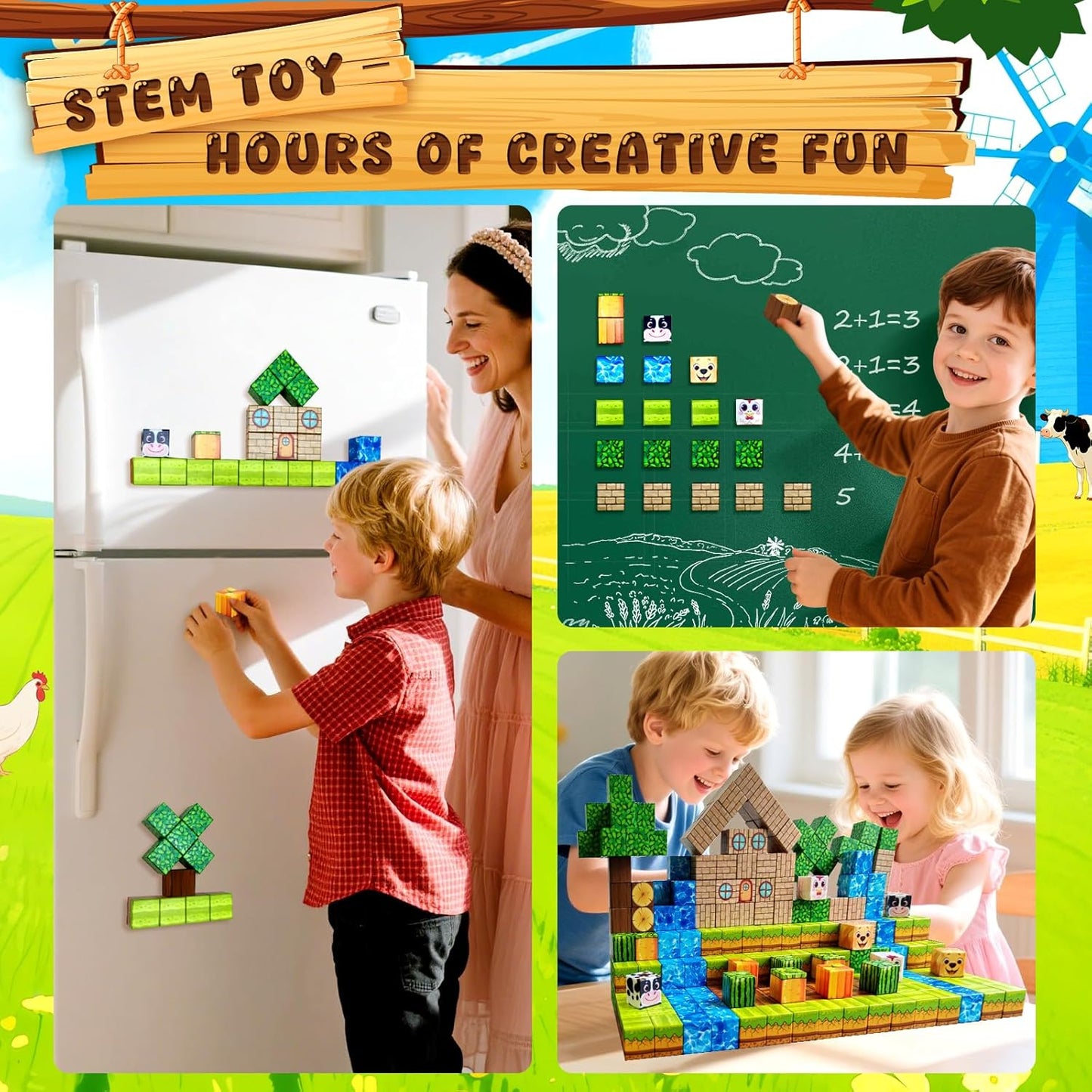 Magnetic Blocks Building Toys for Kids: Magnetic Blocks for Kids Ages 3-4, 8-12, 1" Magnet Cubes STEM Toys for Boys & Girls,Christmas Birthday Gifts for Toddler Ages 3+, 48PCS Blocks Farm Theme