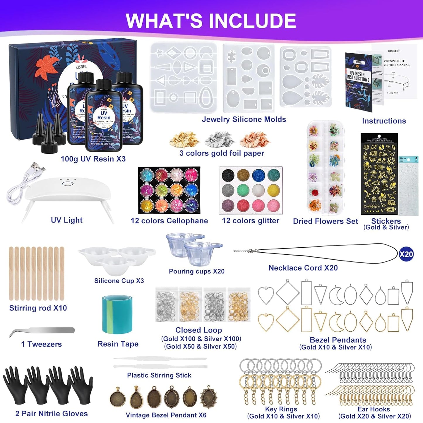 KISREL UV Resin Jewelry Making Kit, 300g Crystal Clear Resin with Light and Molds, DIY Jewelry Making Kit, Resina Starter Kits for Keychain and Earring