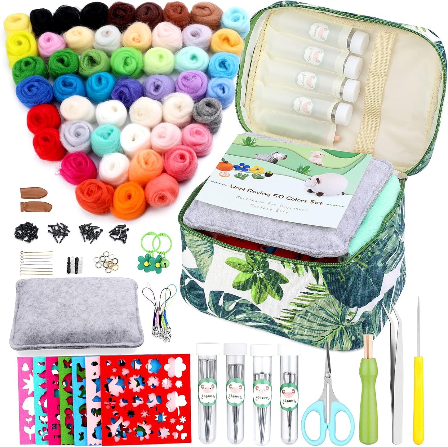 IMZAY Needle Felting Kit, Wool Roving 50 Colors Set with Exquisite Green Storage Bag, Needle Felting Starter Kit, Needle Felting Tools Kit, Wool Felt Tools for Felted Animal Needle Felting Supplies