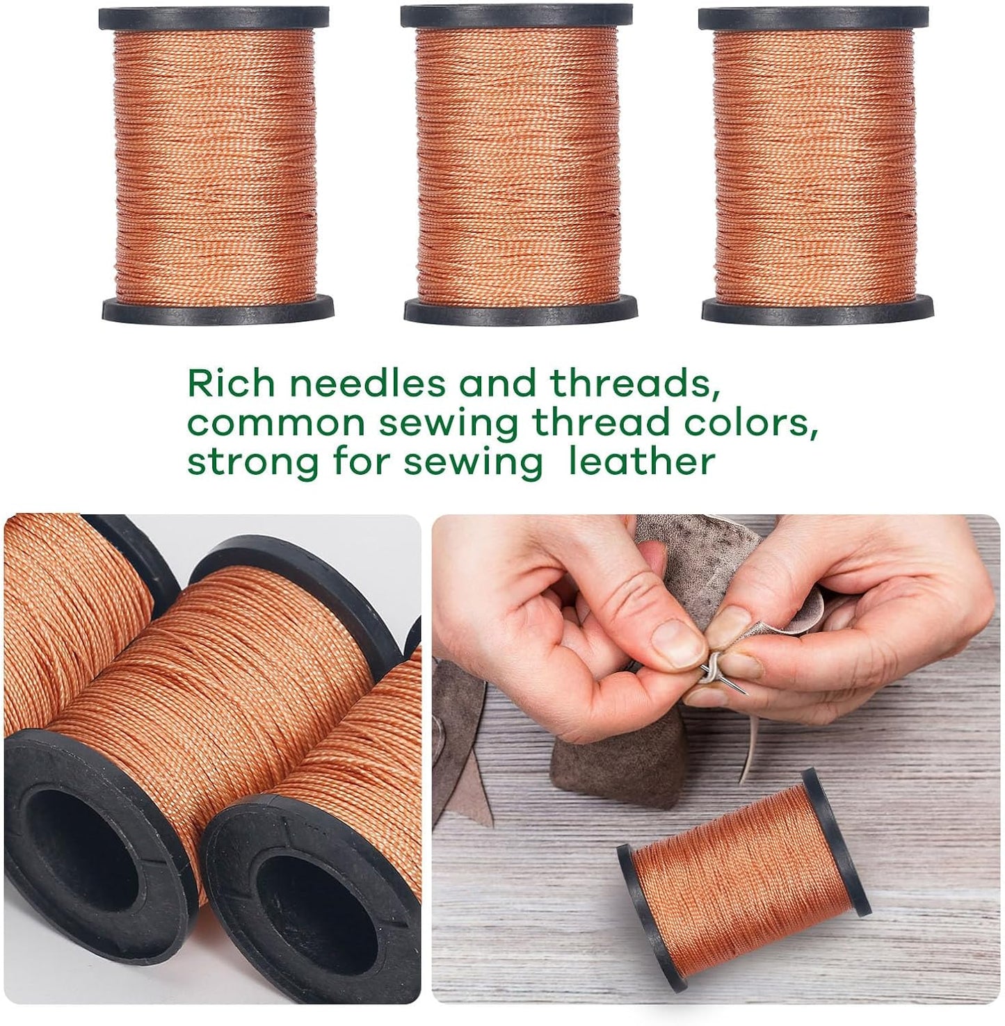 3-Spool Nylon Thread Kit - Each 80 Yards, Includes Sewing Awls & Needles for Hand Sewing, Upholstery & Leather Repair, Brown
