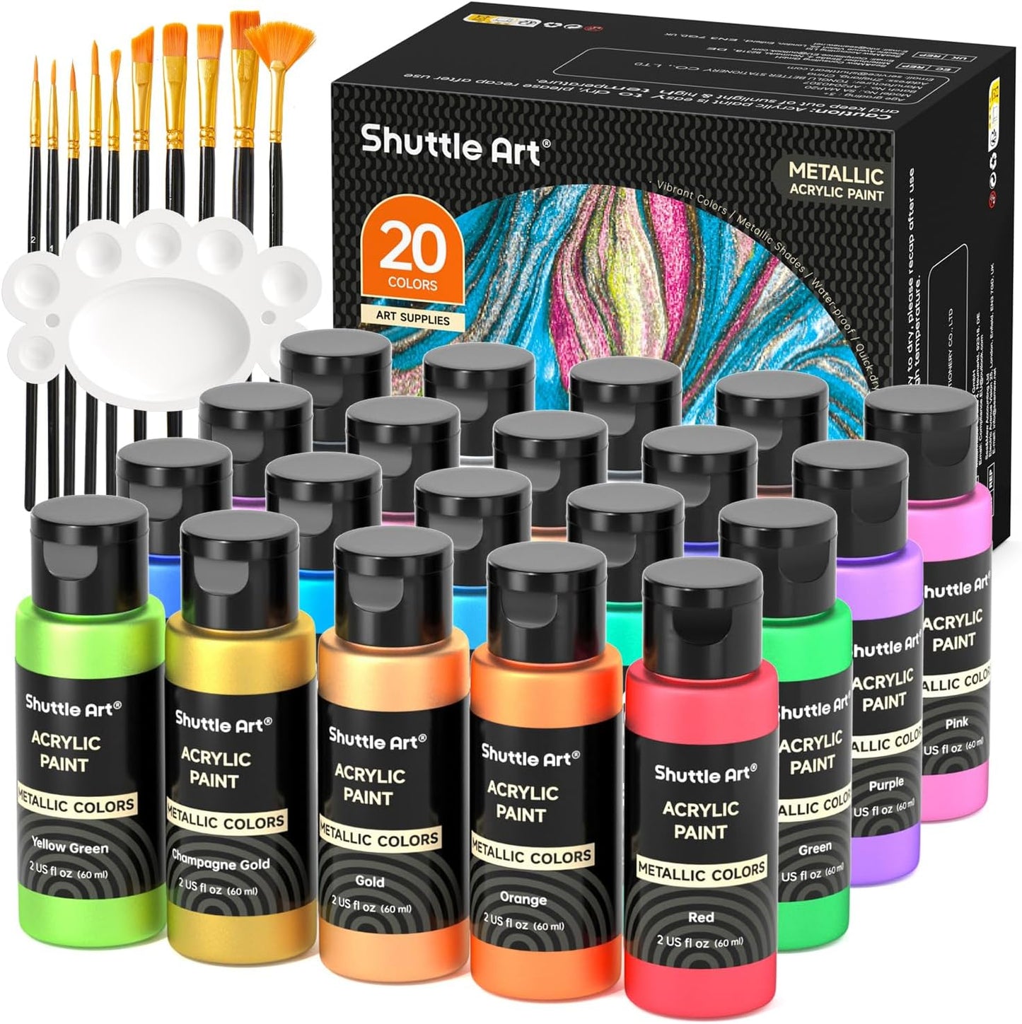 Shuttle Art Metallic Acrylic Paint Set, 20 Colors Metallic Paint in Bottles (60ml, 2oz) with 10 Brushes and 1 Palette, Rich Pigments, Non-Toxic for Artists, Beginners on Rocks Crafts CanvasWood Fabric