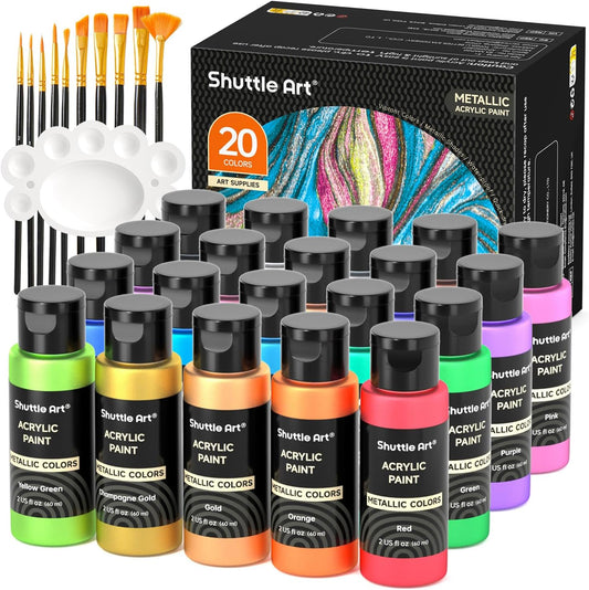 Shuttle Art Metallic Acrylic Paint Set, 20 Colors Metallic Paint in Bottles (60ml, 2oz) with 10 Brushes and 1 Palette, Rich Pigments, Non-Toxic for Artists, Beginners on Rocks Crafts CanvasWood Fabric