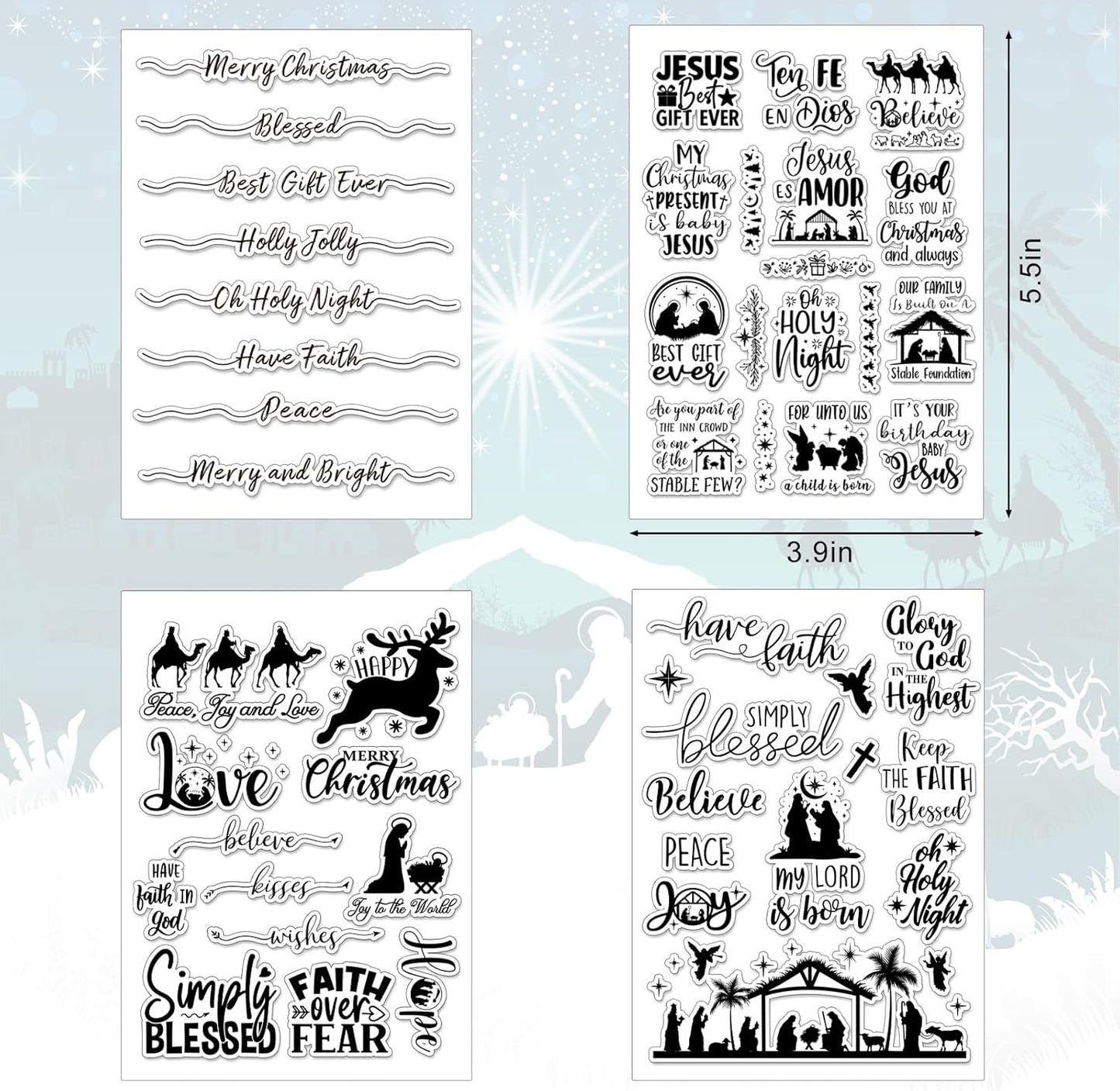 Whaline 4 Sheets Christmas Clear Stamps Greeting Words Nativity Scene Silicone Transparent Stamps Holy Night Stamp for Xmas DIY Craft Card Making Scrapbooking Embossing Album Decor