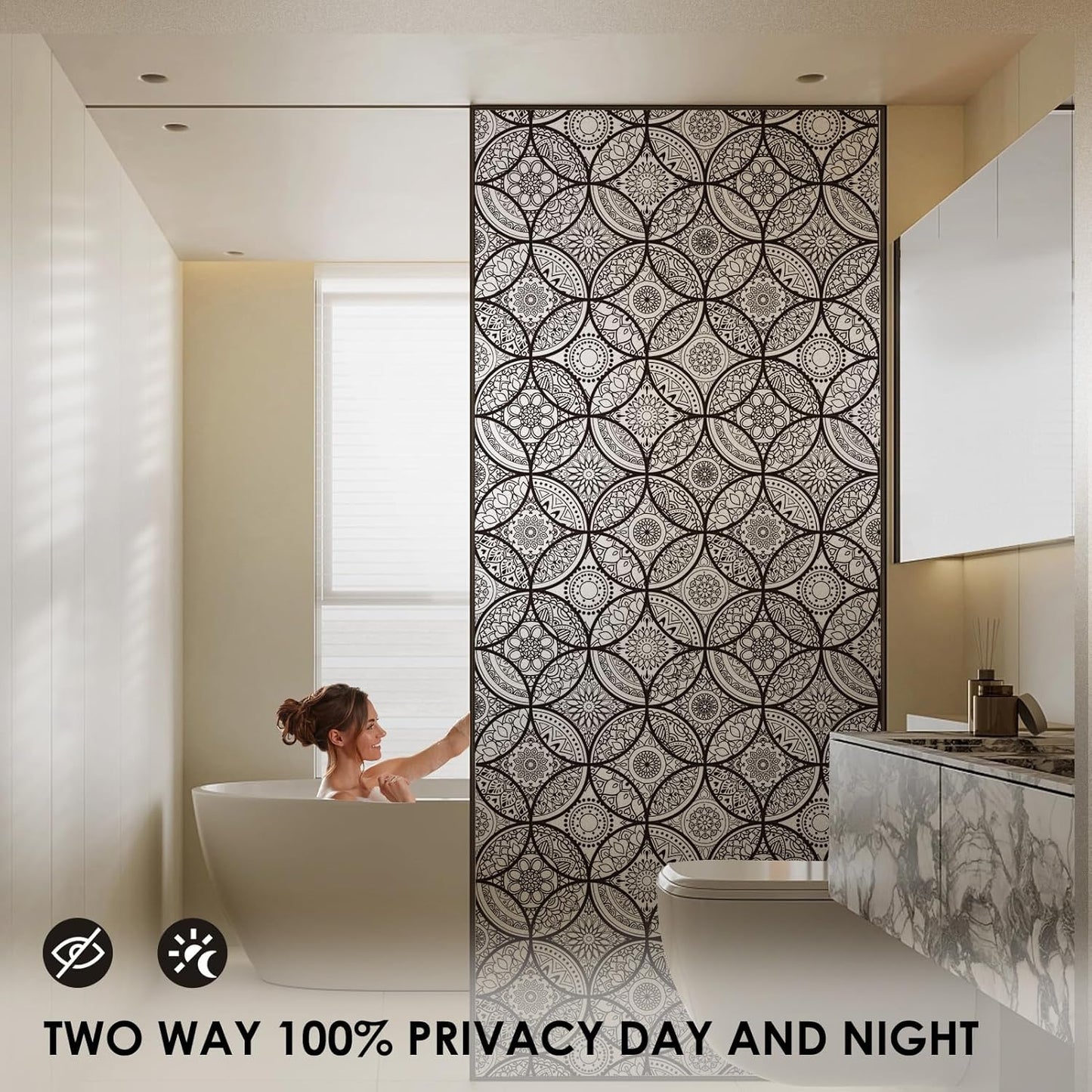 DKTIE Boho Stained Glass Look Window Privacy Film with Installation Tools, Decorative Frosted Glass Window Film Static Cling No Glue Removable, Pure Black, 17.7" x 78.7"