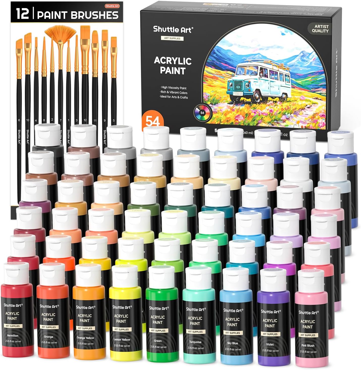 54 Colors Acrylic Paint, Shuttle Art Acrylic Paint set with 12 Paint Brushes, 2oz/60ml Bottles, Rich Pigmented, Water Proof, Premium Paints for Artists, Beginners and Kids on Canvas Rocks Wood Ceramic