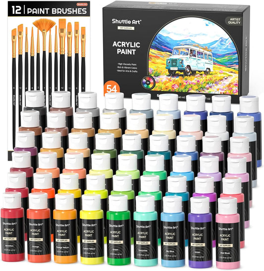 54 Colors Acrylic Paint, Shuttle Art Acrylic Paint set with 12 Paint Brushes, 2oz/60ml Bottles, Rich Pigmented, Water Proof, Premium Paints for Artists, Beginners and Kids on Canvas Rocks Wood Ceramic