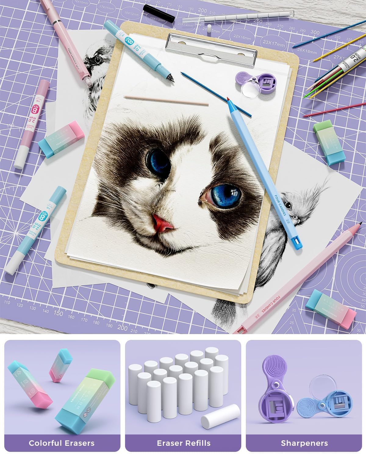 Four Candies 36PCS Aesthetic School Supplies, Mechanical Pencil Set 0.5mm, 0.7mm, 0.9mm & 2.0mm with 624 Lead Refills, Back to School Supplies for Writing & Drawing, Ideal Stationary Set Gift (Blue)