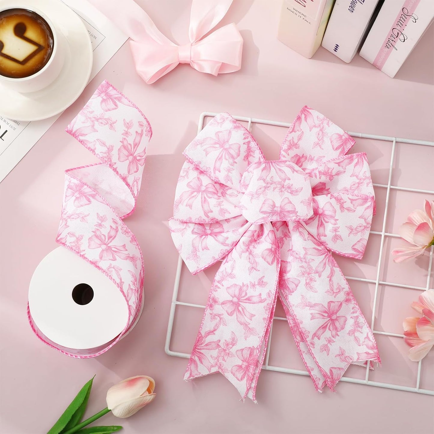 Pink Floral Bow Wired Edge Ribbon Chinoiserie Flower Bowknot Fabric Ribbon for DIY Crafts Wreath Bow Making Supplies, 12 Yard