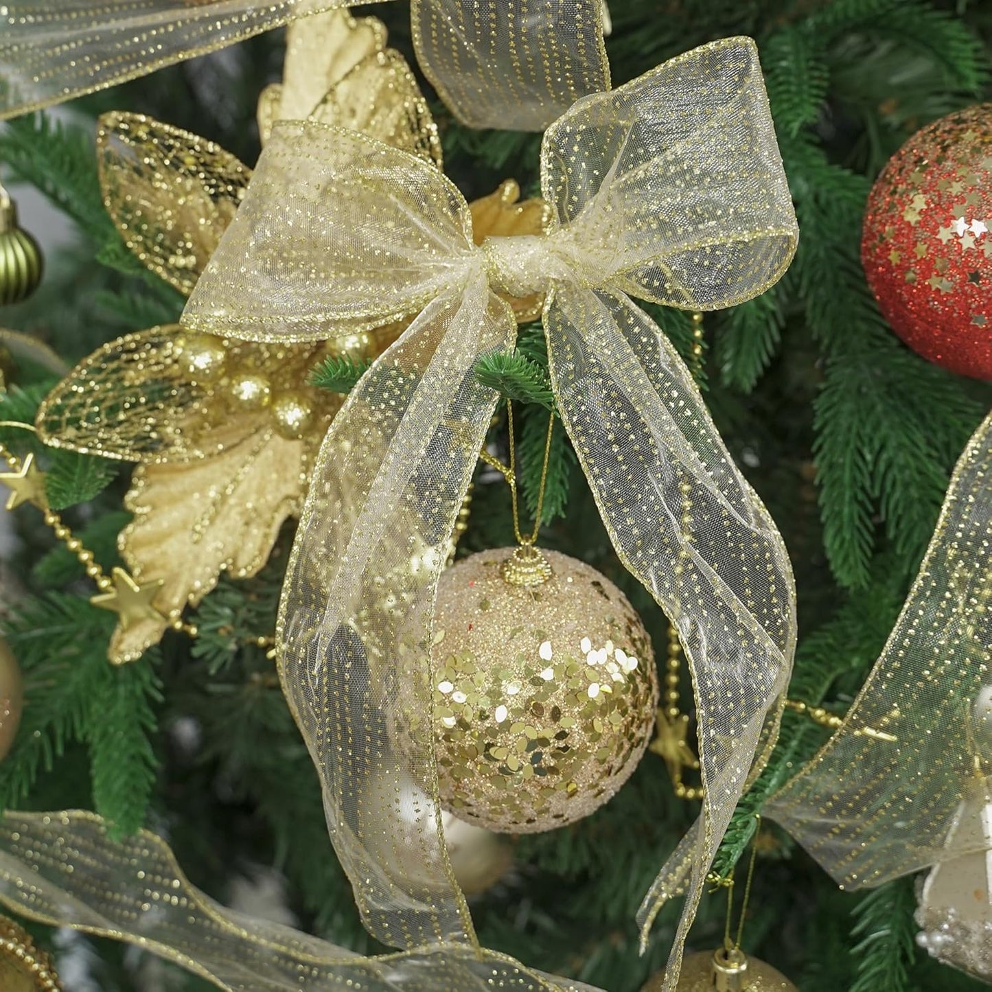 MEEDEE Glitter Gold Wired Ribbon 2.5 Inch Horizontal Stripes Polka Dot Christmas Ribbon Organza Sheer Glitter 25 Yards Gold for Christmas Tree, Wreath Bow Making