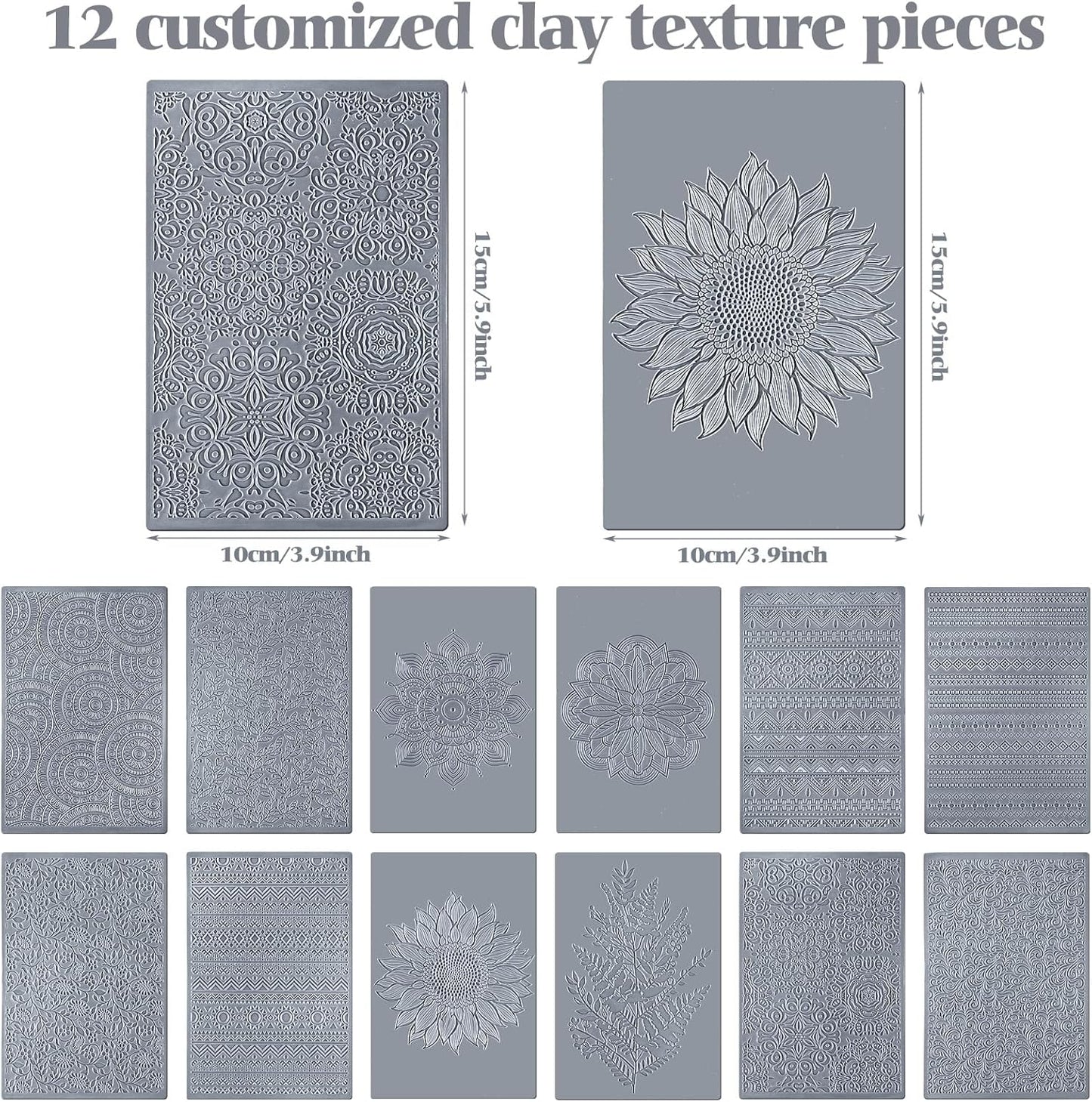 12 Pcs Polymer Clay Texture Sheets Mat Works with Polymer Clay Cutter Embossin Roller DIY Tools for Pottery Earrings Jewelry Making DIY Craft Supply