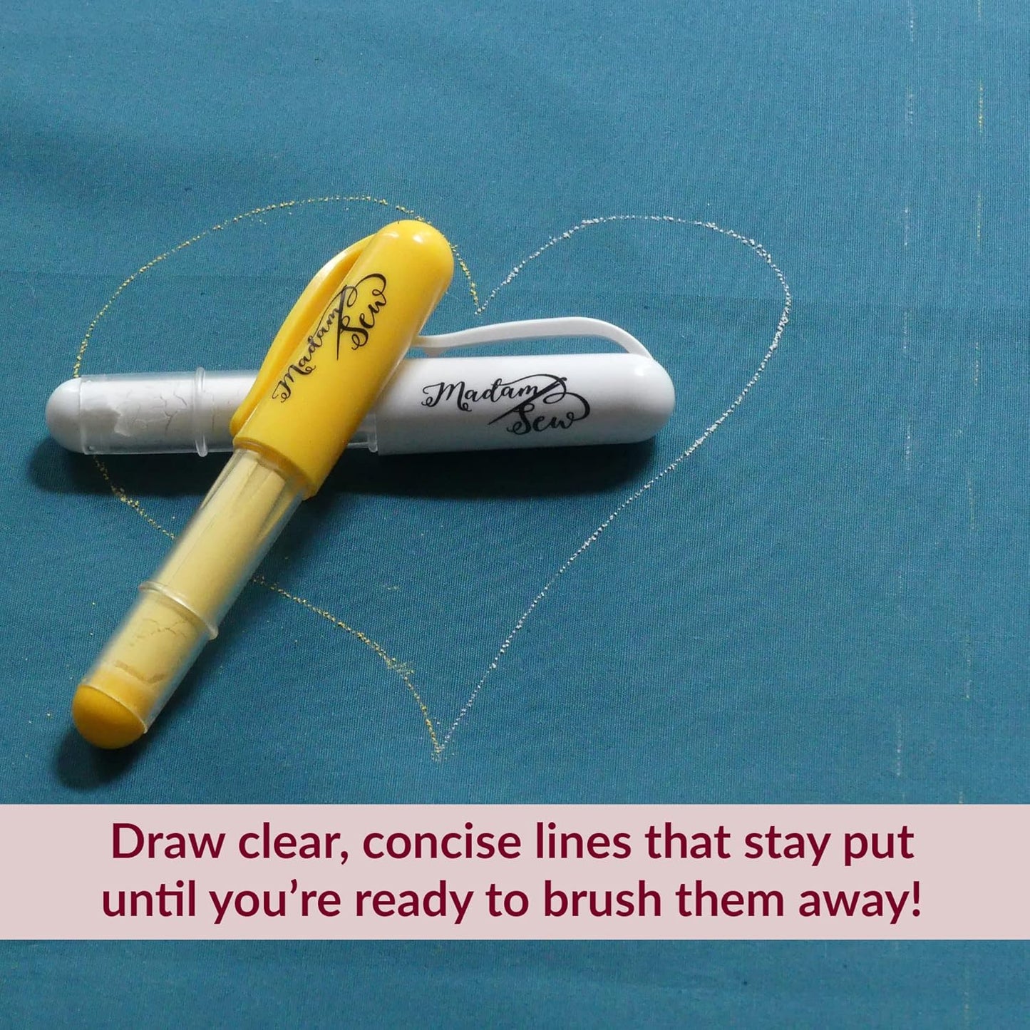Madam Sew Fabric Chalk Markers for Sewing & Quilting | Refillable Tailors Chalk for Fabric Marking with Dosing Wheel | Ideal for Marking on Cotton, Knit, Suede (Yellow)