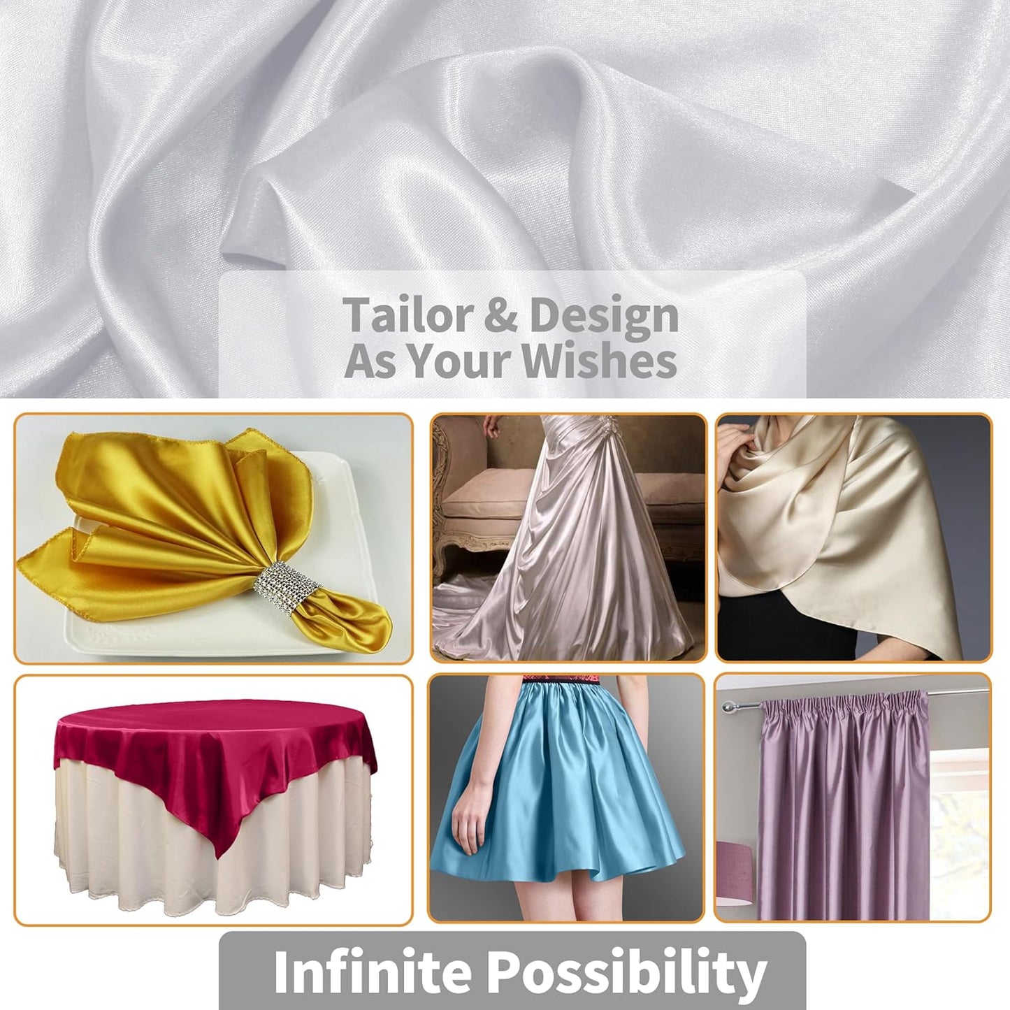 RUDONG M White Satin Fabric by The Yard, 5 Yard x 60 Inch Wide Silky Charmeuse Satin Fabric, Soft Satin Fabric for Wedding Decorations, Bridal Dress, Sewing, Accessories, DIY Crafts