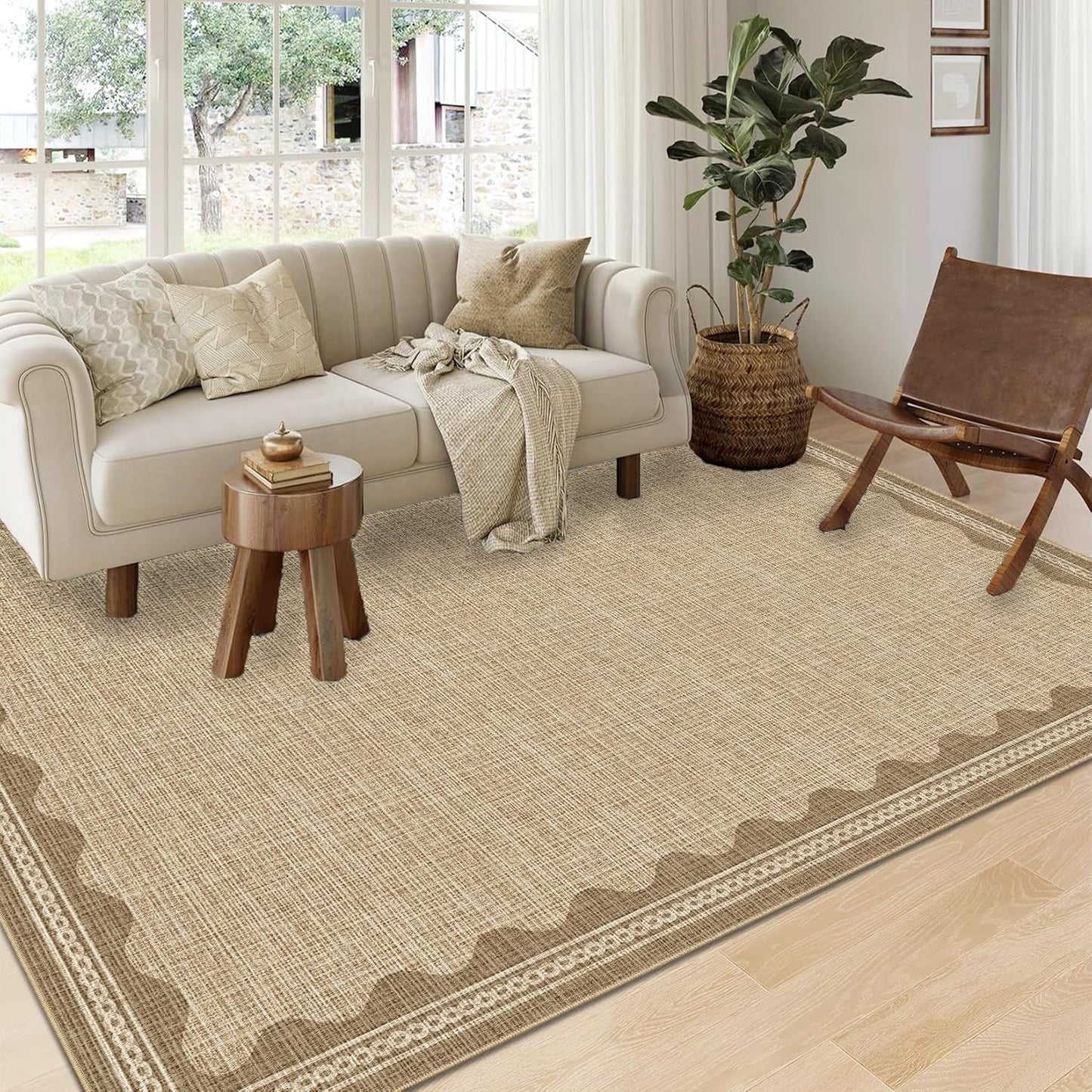 Scalloped Washable Rug 10x13 Area Rugs for Living Room, Solid Tan Rug for Bedroom Girls, Non Slip Throw Carpet with Rubber Back, Soft Dorm Nursery 10x13 Scalloped Rugs for Dining Room
