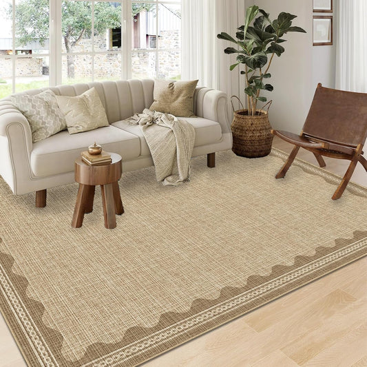 Scalloped Washable Rug 9x12 Area Rugs for Living Room, Solid Tan Rug for Bedroom Girls, Non Slip Throw Mat with Rubber Back, Soft Dorm Nursery 9x12 Carpet for Dining Room