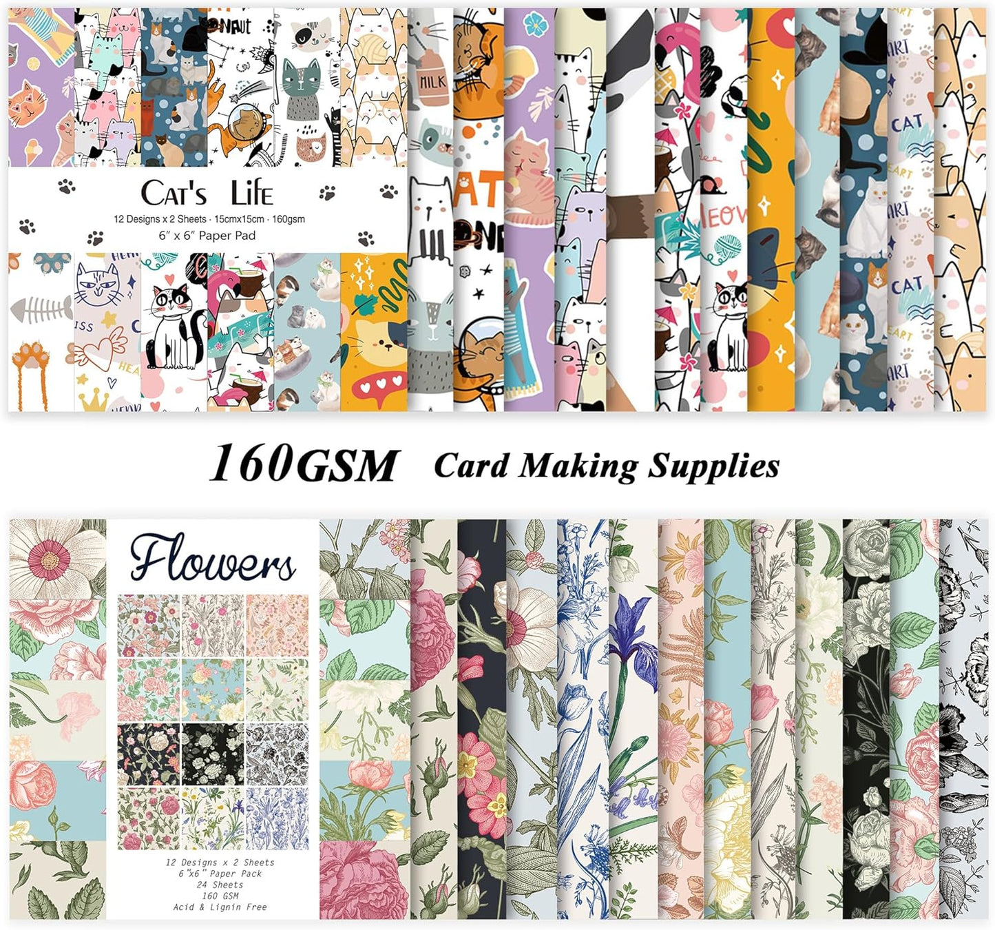 48 Sheets 24 Designs Scrapbook Paper Pad, 6"×6" Single-Sided Decopodge Craft Cardstock Paper,Scrapbooking DIY Decorative Background Cardmaking Supplies.Cat's Life&Flowers