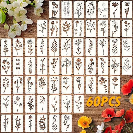 60 Pcs Flower Stencils for Painting, Reusable Small Craft Stencils for Wood, Furniture, Walls, and DIY Art Projects for Kids and Adults