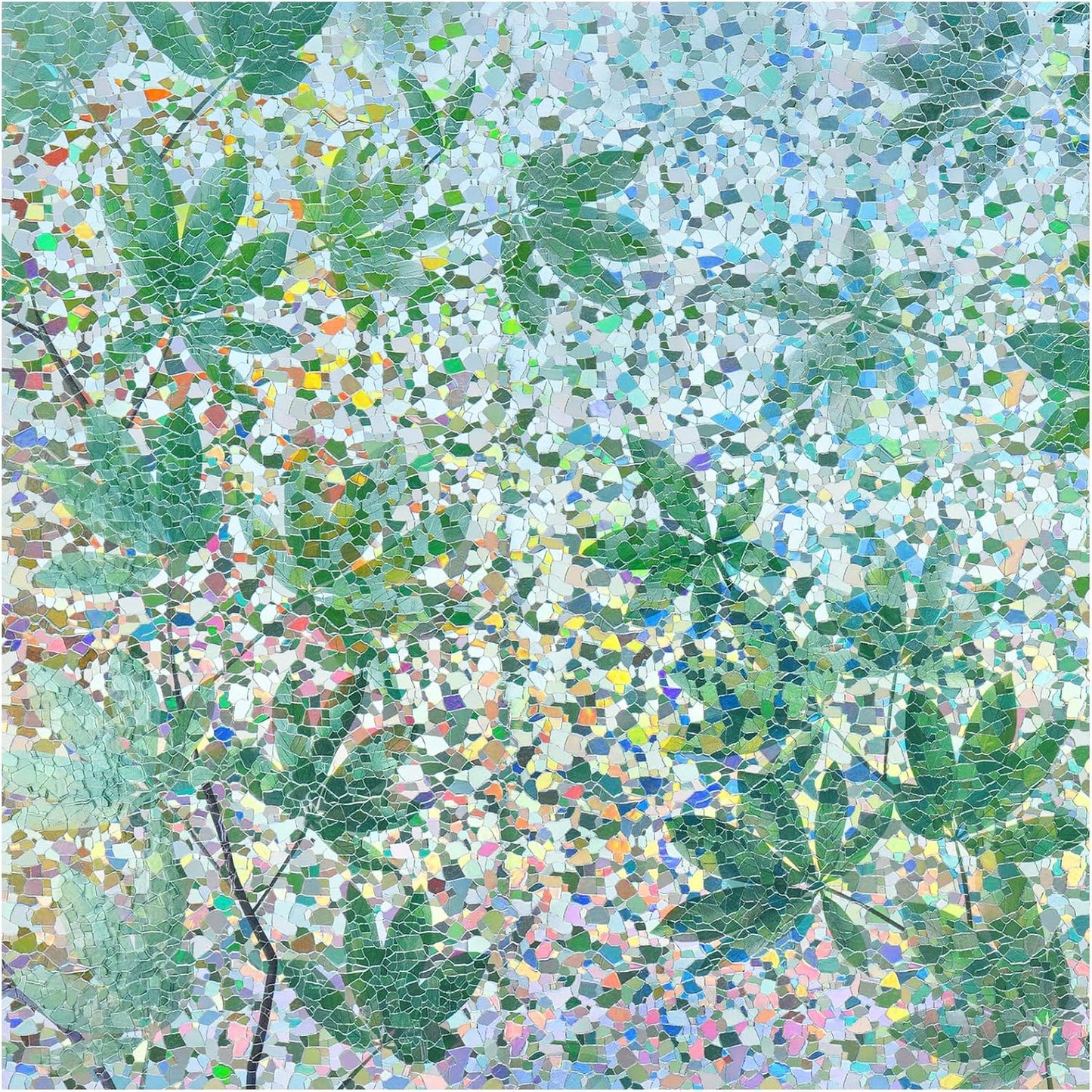 rabbitgoo Rainbow Window Privacy Film Decorative Stained Glass Diamond Pattern Window Sticker with Iridescent Tint Non-Adhesive Static Cling for Home Office Bathroom, Green Leaf 17.5 x78.7 inch