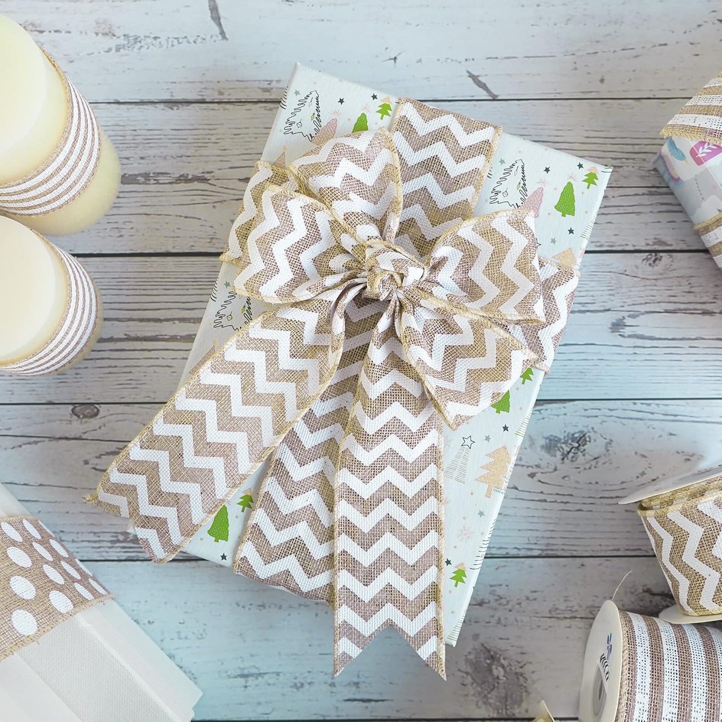 MEEDEE Burlap Ribbon with White Chevron Pattern - 2.5 Inch Wired Ribbon for Cakes, Wreaths, Rustic Decor, Baby Showers, Beach Parties, Farmhouse Gifts - 10 Yards