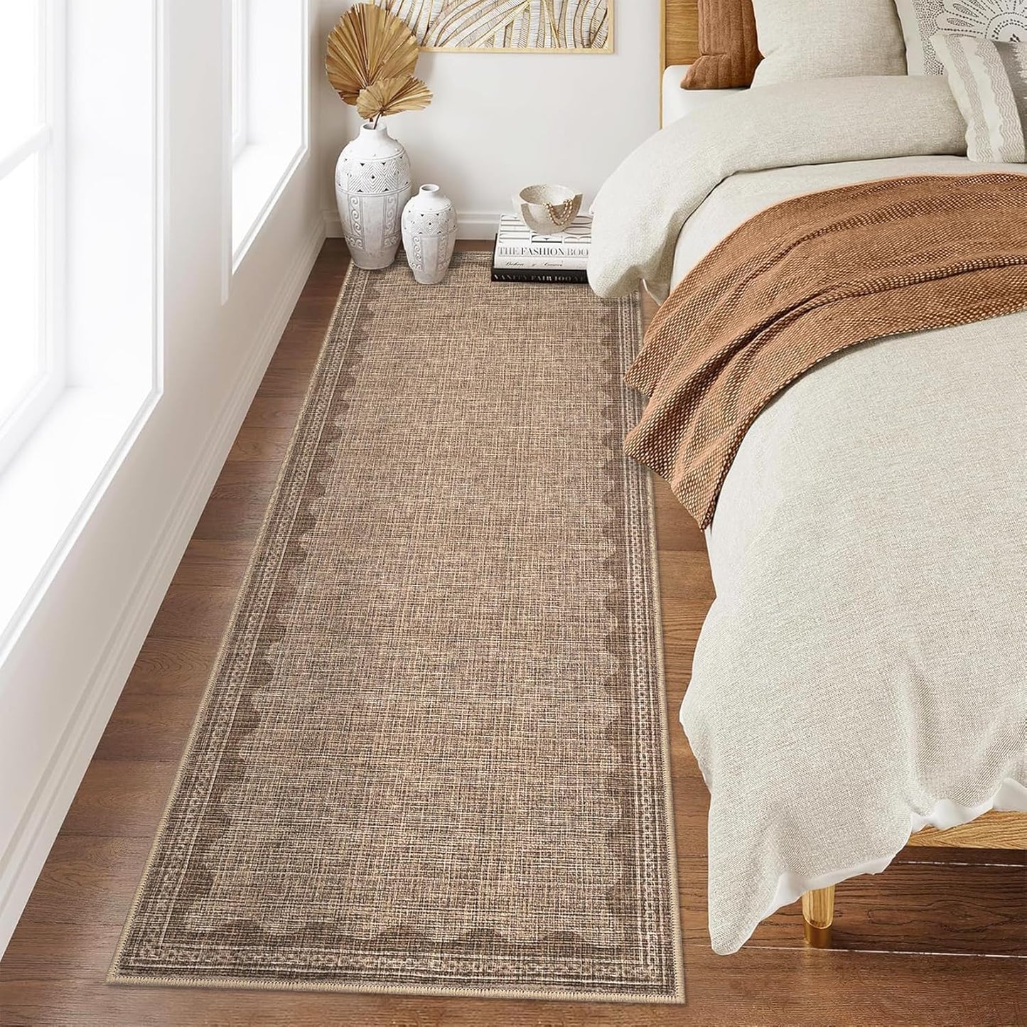 Scalloped Rug 2.5x8 Runners for Hallways, Solid Coffee Runner Rugs Non Slip Scalloped Bath Runner, Washable Mat for Bedroom Girls, Rugs for Kitchen Floor Soft Dorm Nursery Carpet for Bedside