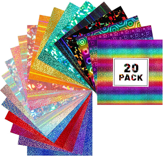 GIRAFVINYL Glitter Holographic Vinyl Bundle, Rainbow Holographic Permanent Vinyl 12" x 12" 17 Sheets Rainbow Glitter Vinyl Permanent for DIY Stickers, Signs, Cup, Home and Car Decorations
