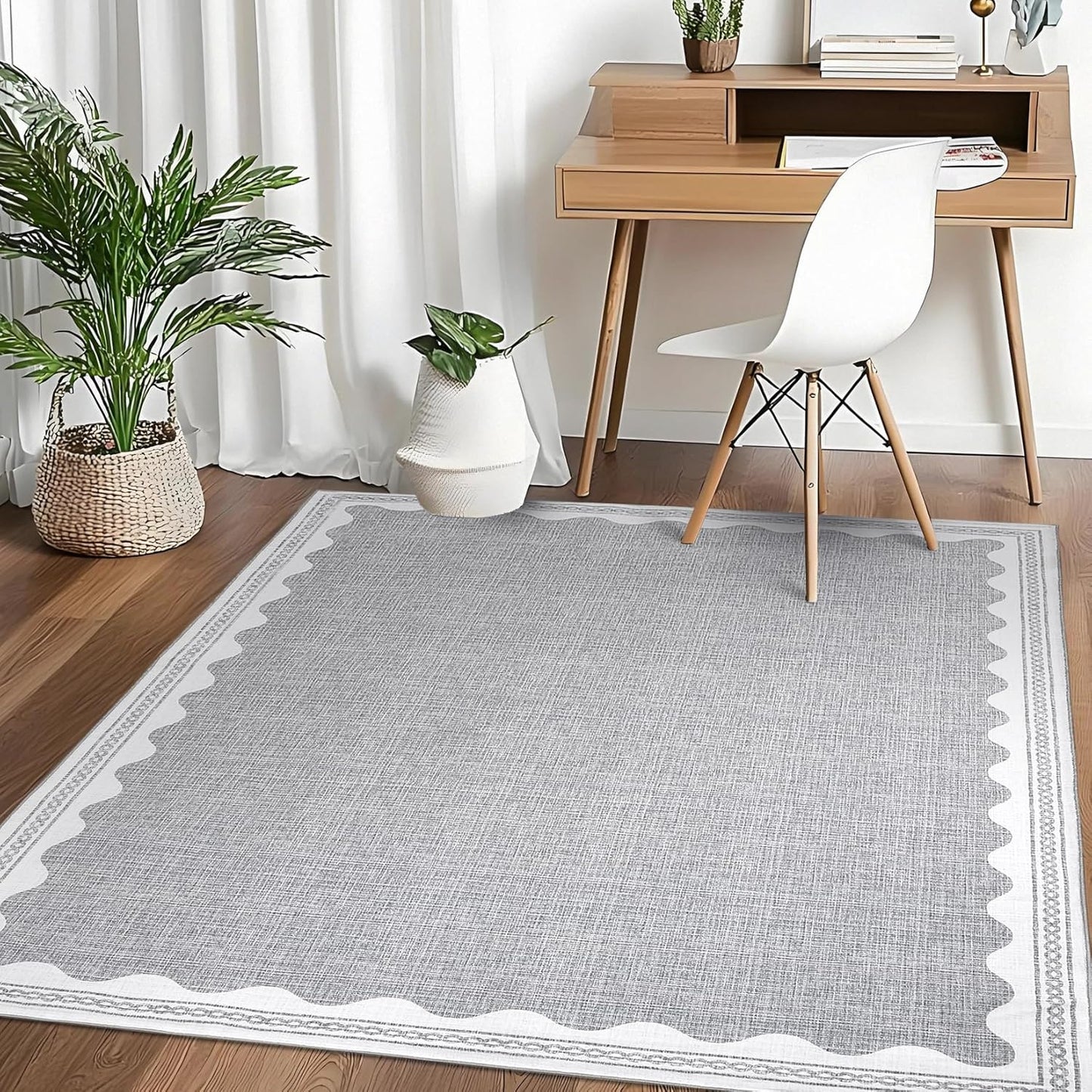 Scalloped Washable Rugs for Living Room, Solid Grey 6x9 Area Rugs for Bedroom Girls, Non Slip Scalloped Rug with Rubber Back, Soft Dorm Nursery 6x9 Rugs for Dining Room