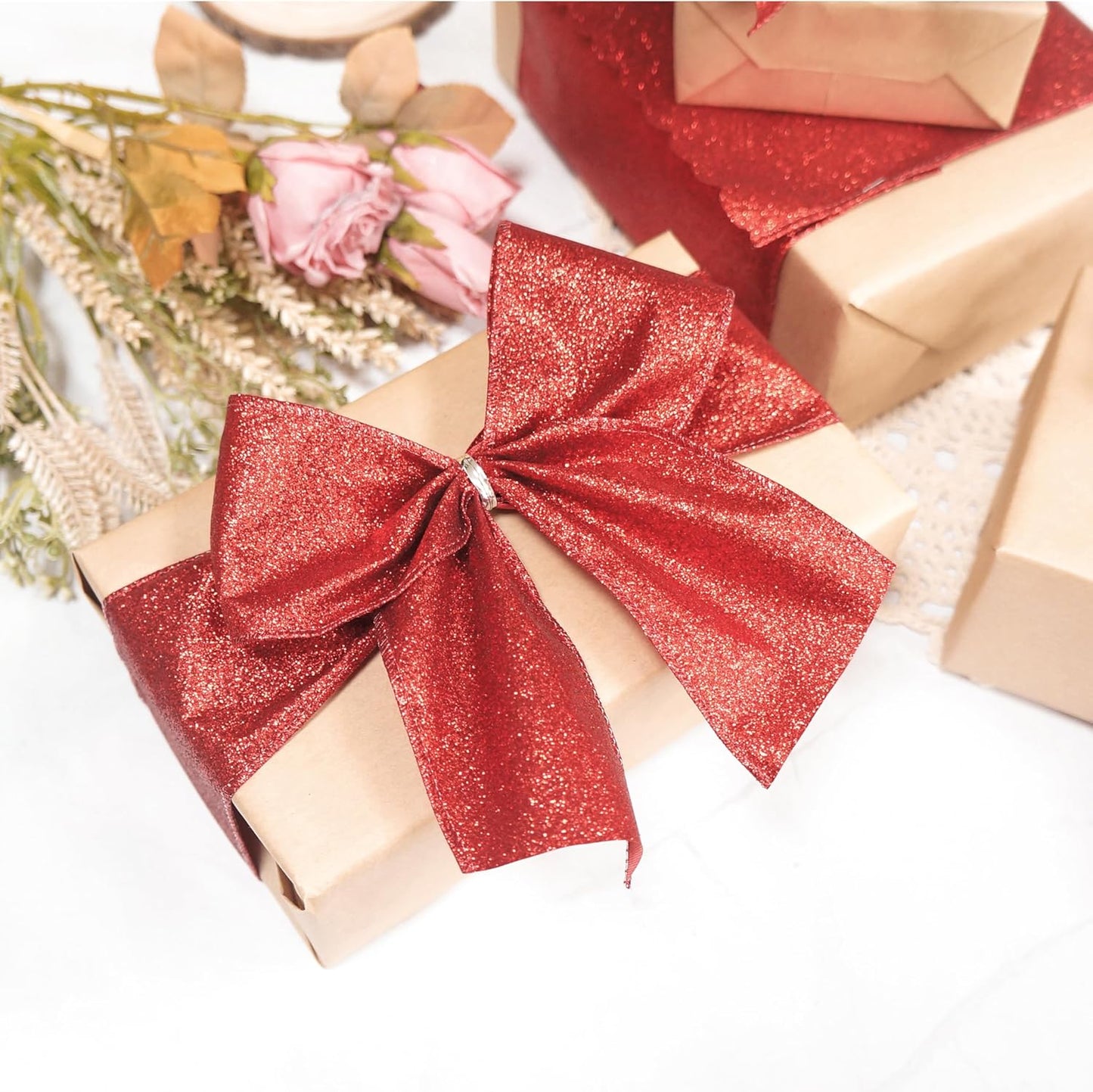 CT CRAFT LLC Glitter Wired Ribbon 2.5" x 20 Yards Red for Christmas Home Decor Bow Gift Wrapping DIY Crafts Wreath