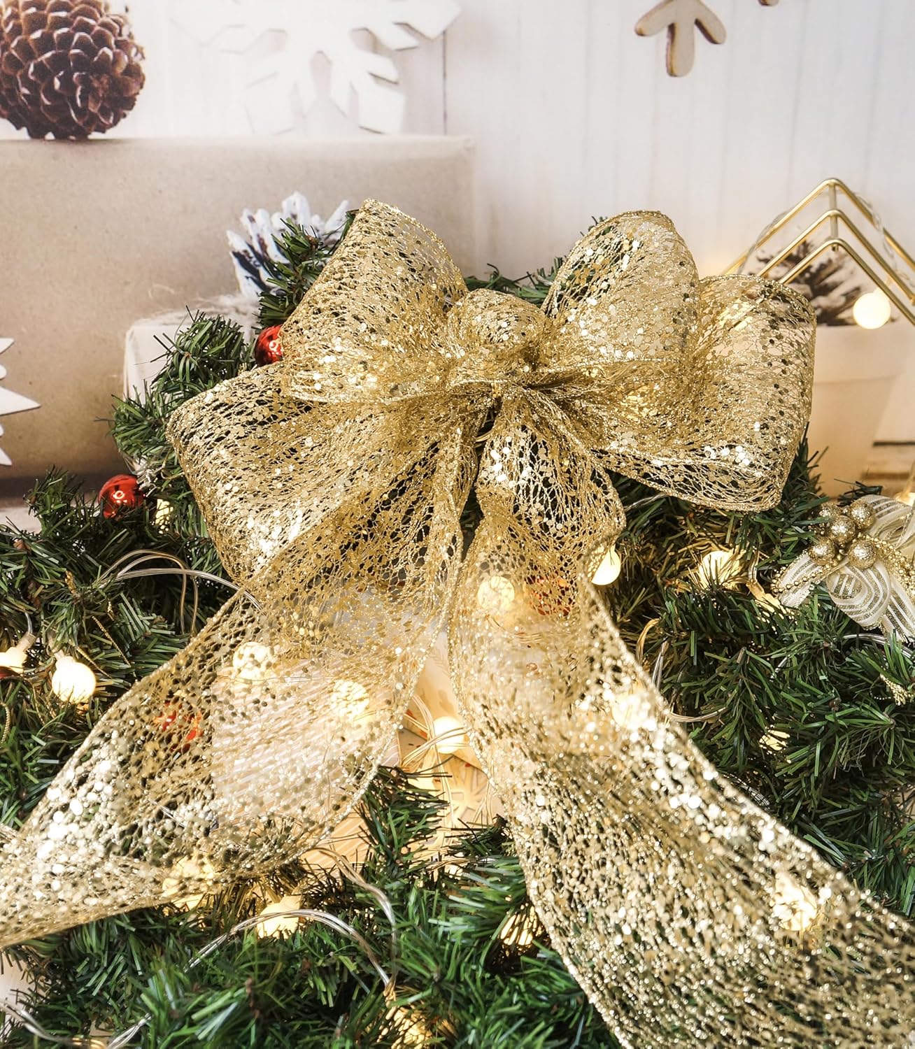 CT CRAFT LLC Sparkling Glitter Mesh Wired Ribbon 4" x 10 Yards Gold for Christmas Home Decor Bow Gift Wrapping DIY Crafts Wreath