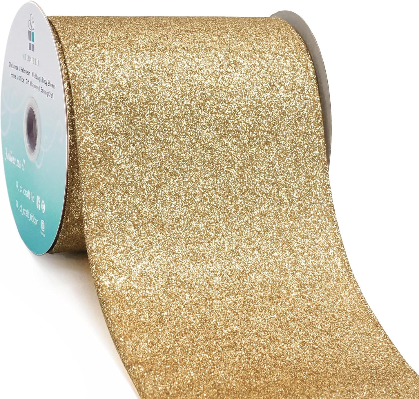 CT CRAFT LLC Glitter Wired Ribbon 4" x 10 Yards Light Gold for Christmas Home Decor Bow Gift Wrapping DIY Crafts Wreath