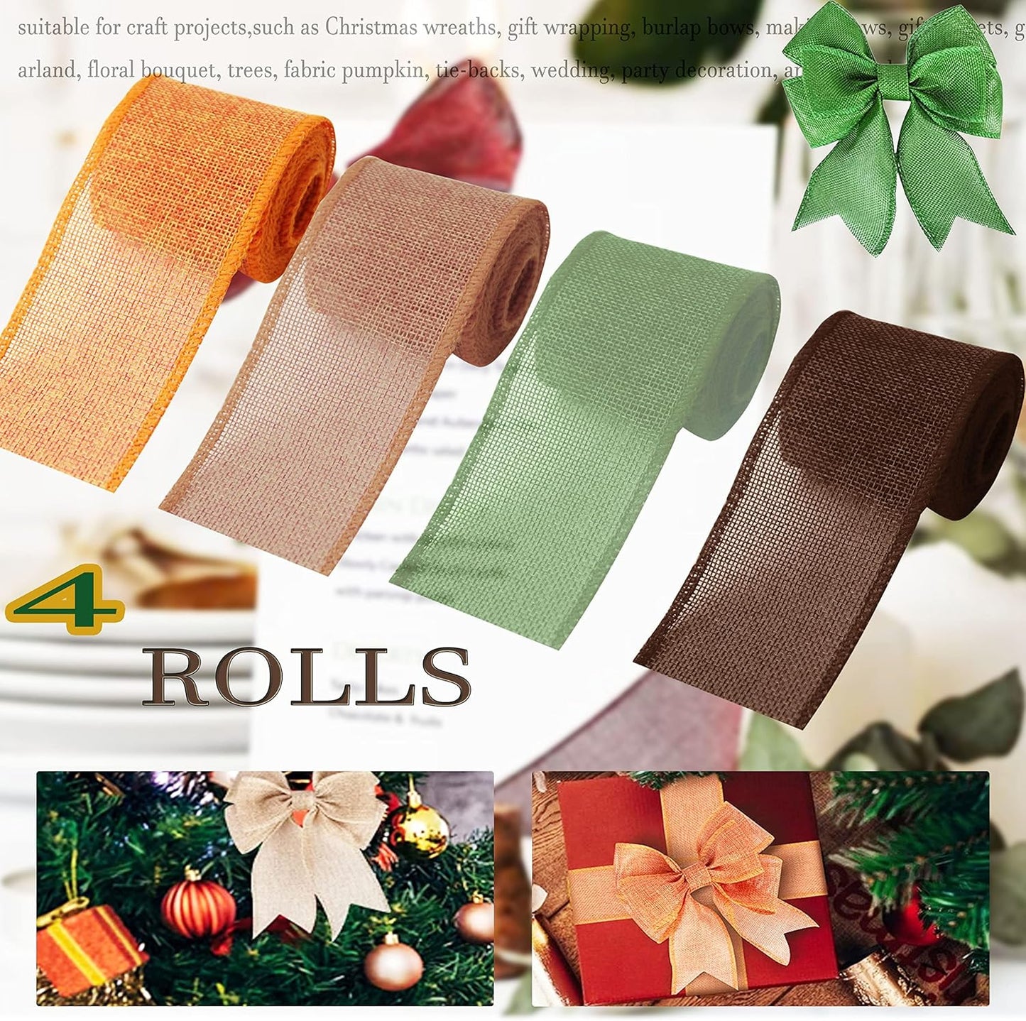 Burlap Ribbon Rolls, Wrapping Burlap Ribbon Natural Orange Brown Olive Green Jute, for Christmas Crafts Decoration Wedding Floral Bows Trims Craft 13.2 Yards 2.4 Inch