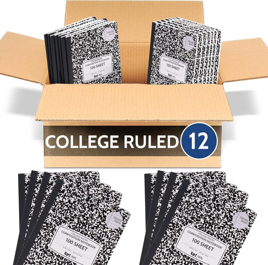 EPI Marble Hardcover College Ruled Composition Notebook | 200 Pages (100 Sheets), 9.75 x 7.5 in, Sturdy Sewn Binding | School, Office, Journaling, Notes - 12 Pack