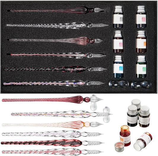 Zonon Glass Dipped Pen Ink Set 14 Pcs Include 6 Pcs Glass Dip Pen, 6 Colorful India Ink and 2 Holder Crystal Signature Calligraphy for Art, Writing, Signatures, Gift (Purple Pink Color System)