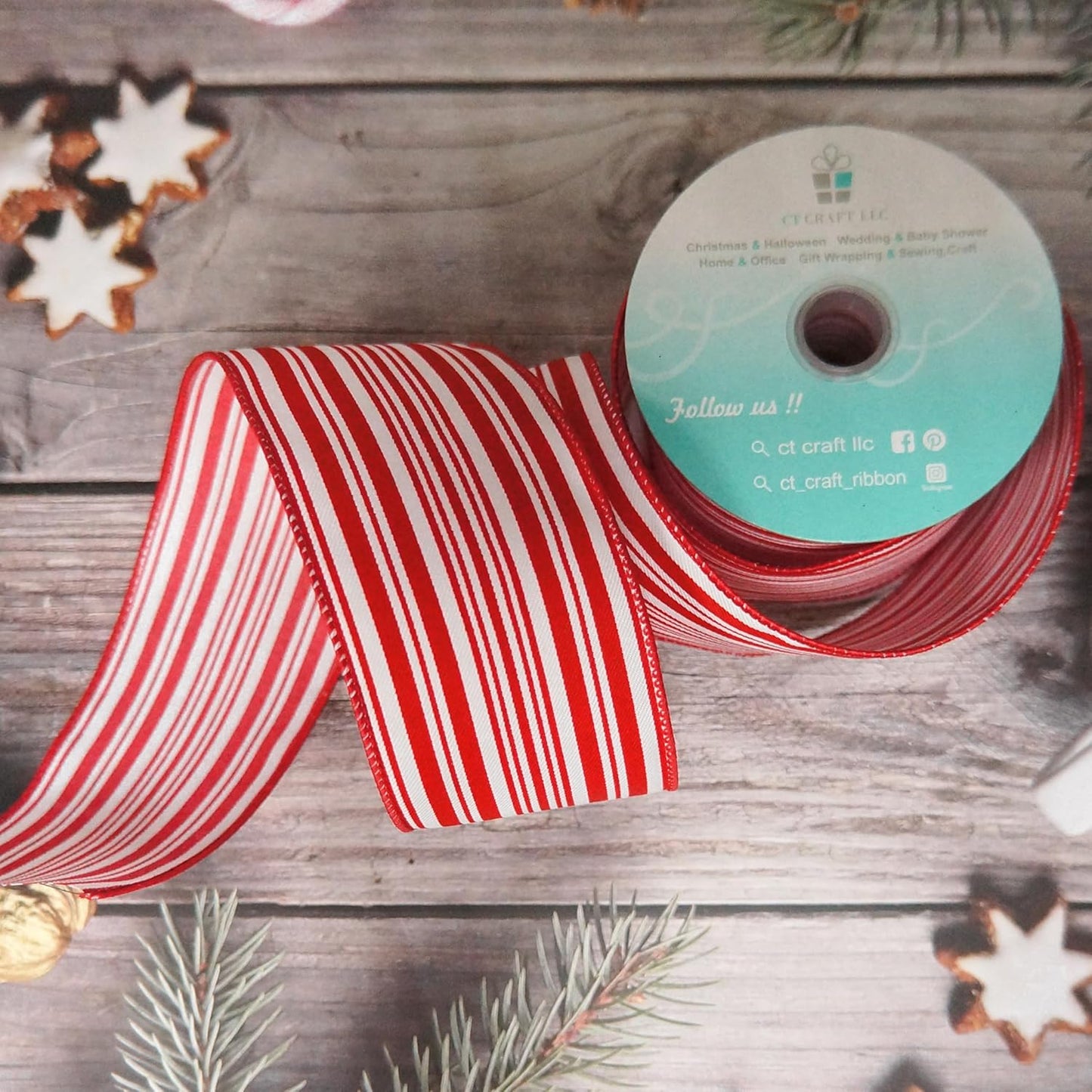 CT CRAFT LLC Red and White Stripe Wired Ribbon – 2.5" Wide x 10 Yards Long Decorative Fabric Ribbon for Crafts, Gift Wrapping, and Holiday Décor