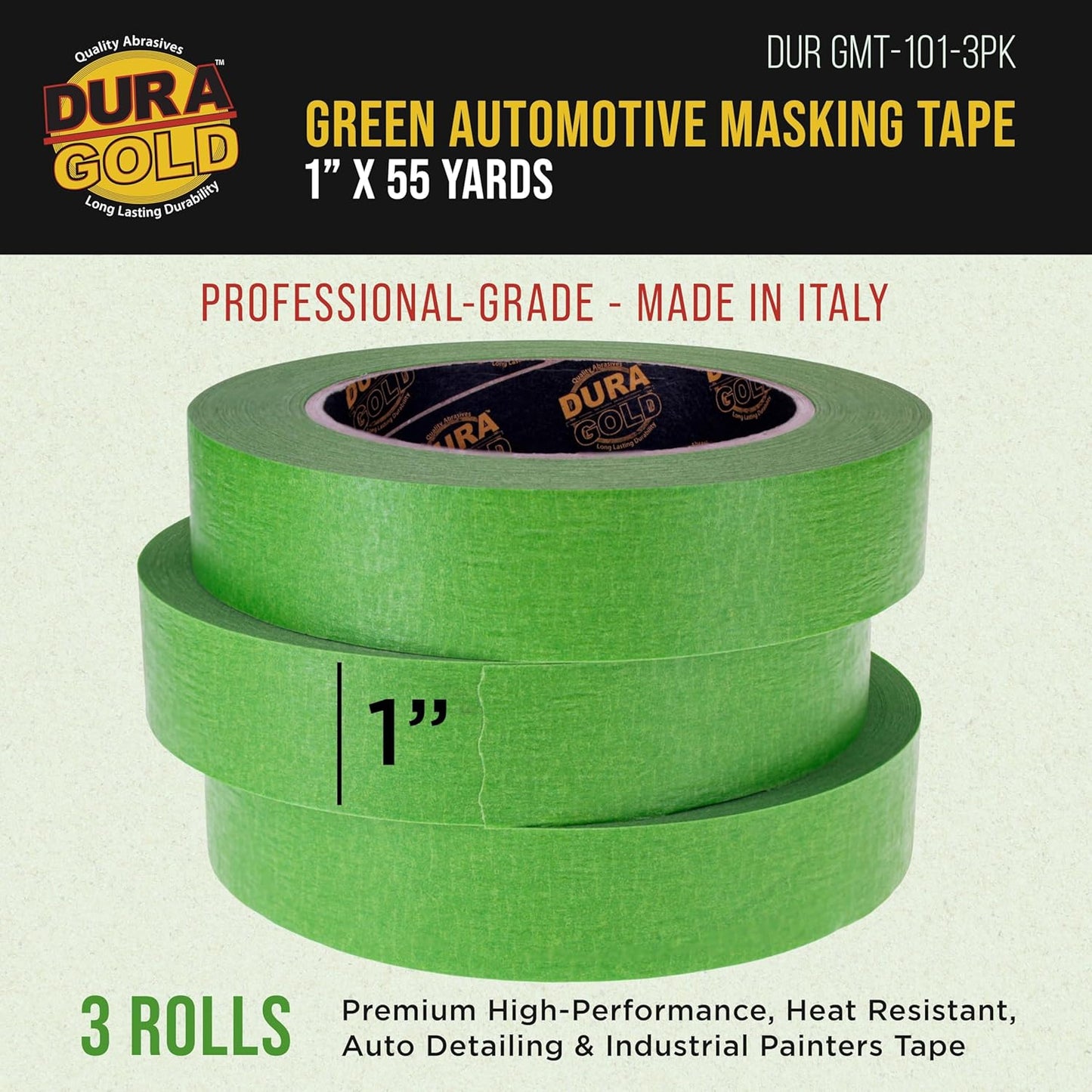 Dura-Gold Green Automotive Masking Tape 1 Inch (24mm x 55 Yards), 3 Rolls - Premium High-Performance, Heat Resistant - Auto Refinish Painting, Car Detailing, Autobody, Industrial, Painters Tape