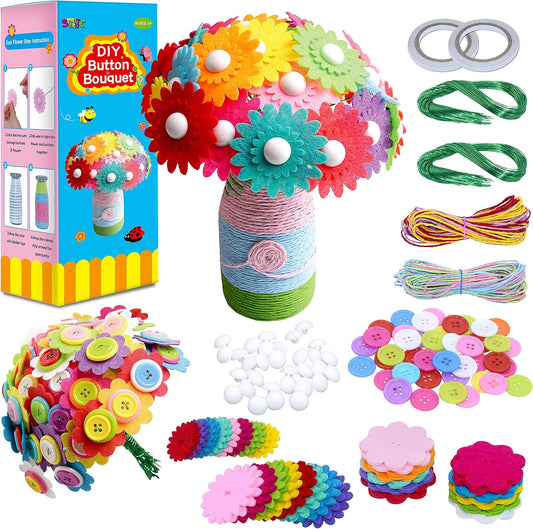 SpriteGru Flower Craft Kit for Kids,Make Your Own Flower Bouquet with Buttons,DIY Activity Gift for Boys & Girls Age 4 5 6 7 8 9 10 Year Old(2 Bouquets and 1 Glass Vase)